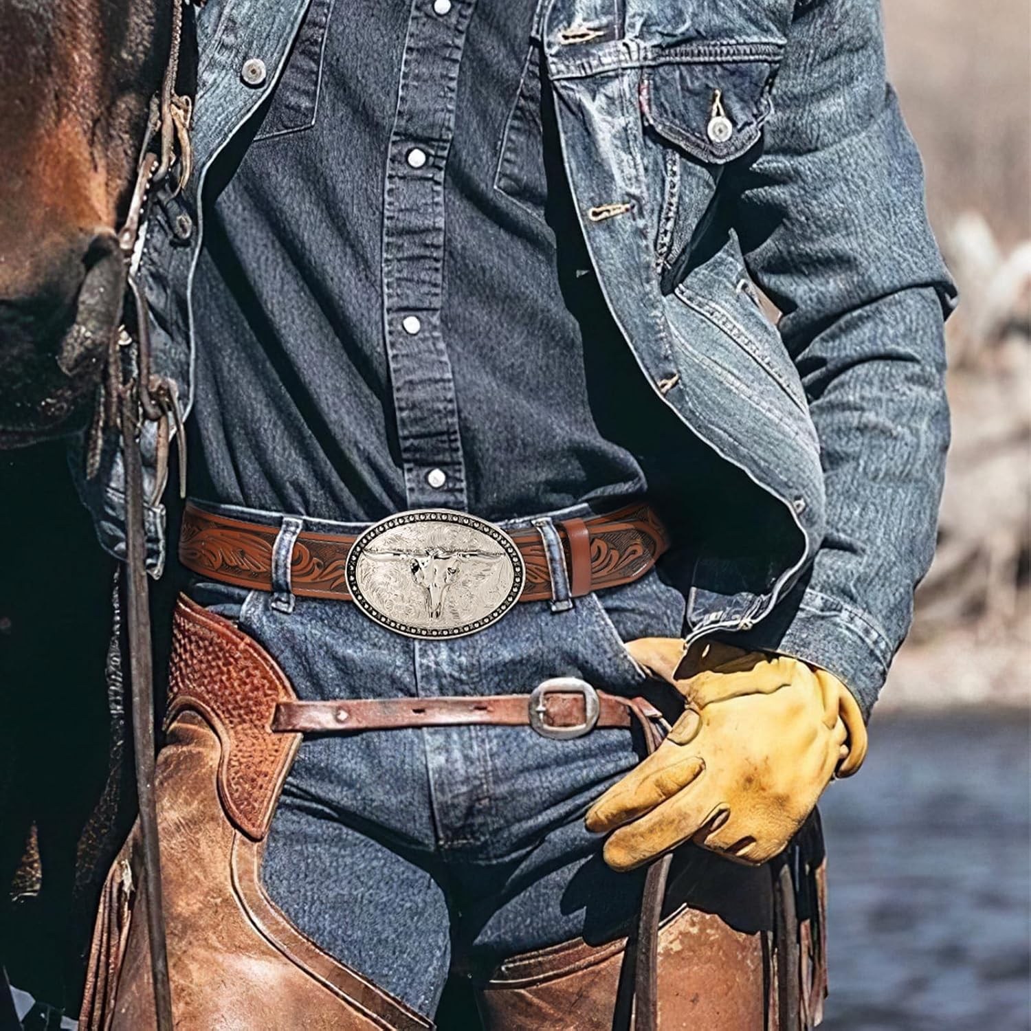 SANSTHS Western Belt Cowboy Belts for Men Women, Western Leather Belts Bull Buckle Belt Embossed Leather Belt for Jeans - Image 6