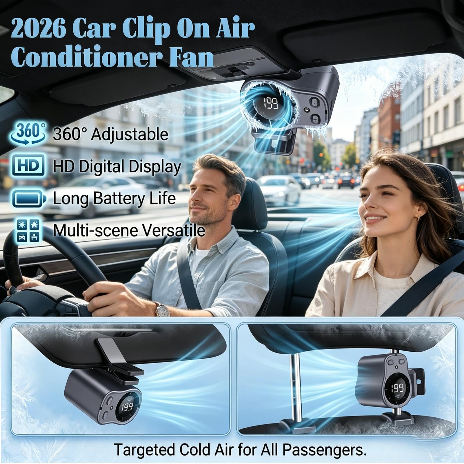 Ventilateur pour climatiseur avec écran LED, rotation à 360 degrés, rechargeable via USB, 199 vitesses réglables, pour voiture, travail, camping (noir)