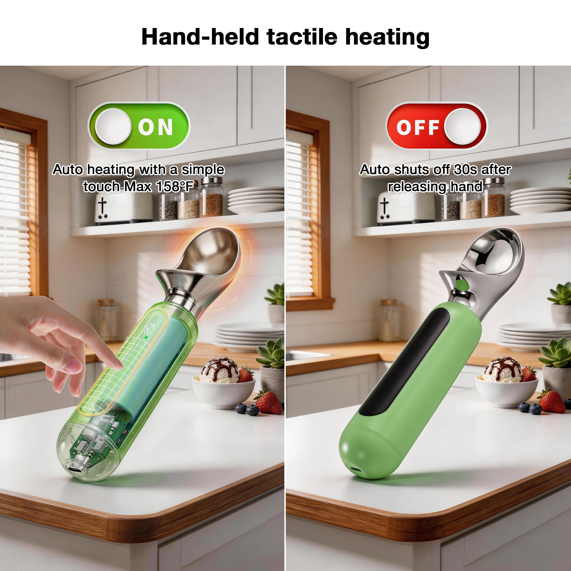 Paletta per gelato riscaldata, ricaricabile, elettrica, con display a LED, interruttore on/off, impermeabile IP67, riscalda fino a 70 °C, per gelato duro (verde)