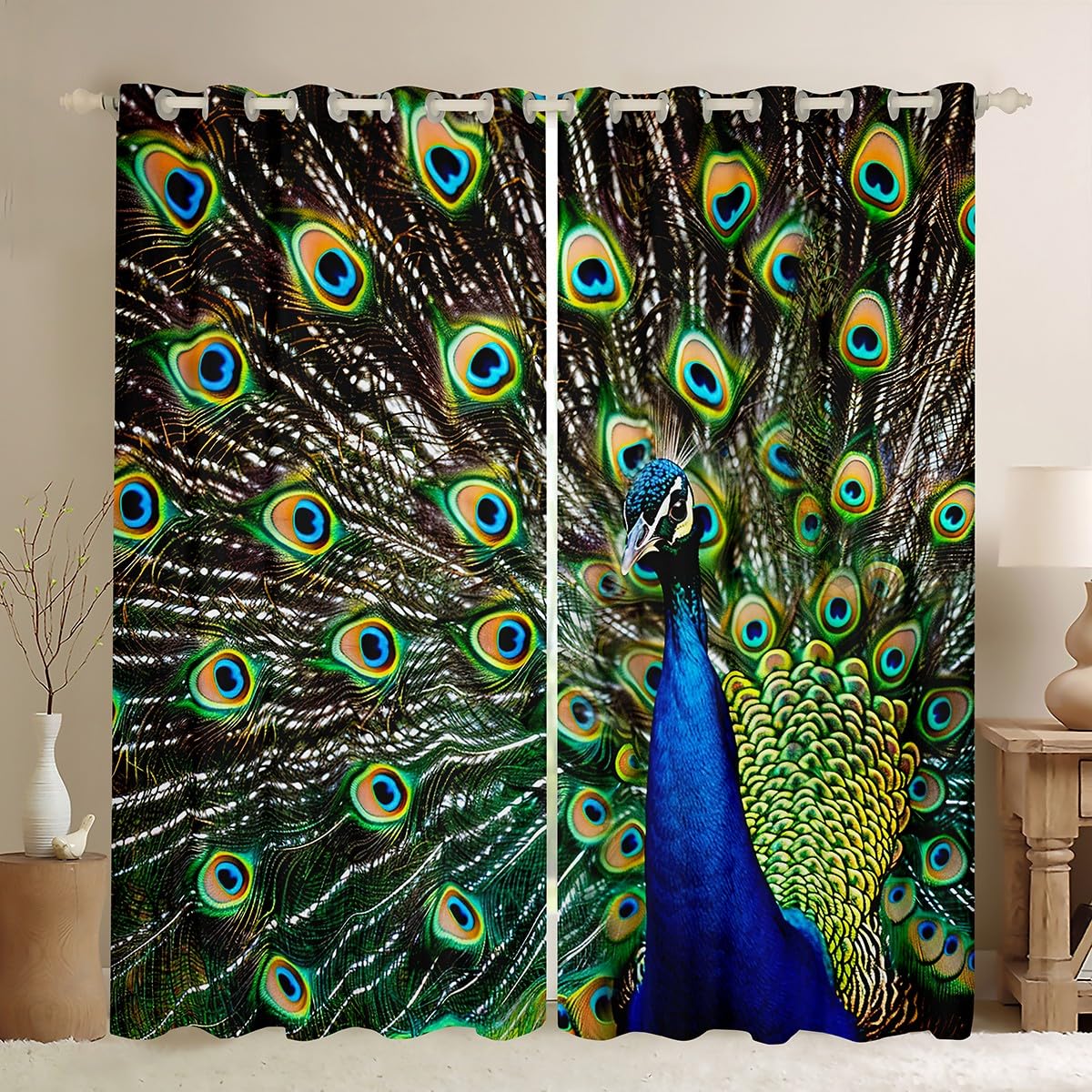 Rideaux Occultants Salon - Motif Plumes De Paon 3D - 2 Panneaux 140x245 Cm - Style Minimaliste - 3