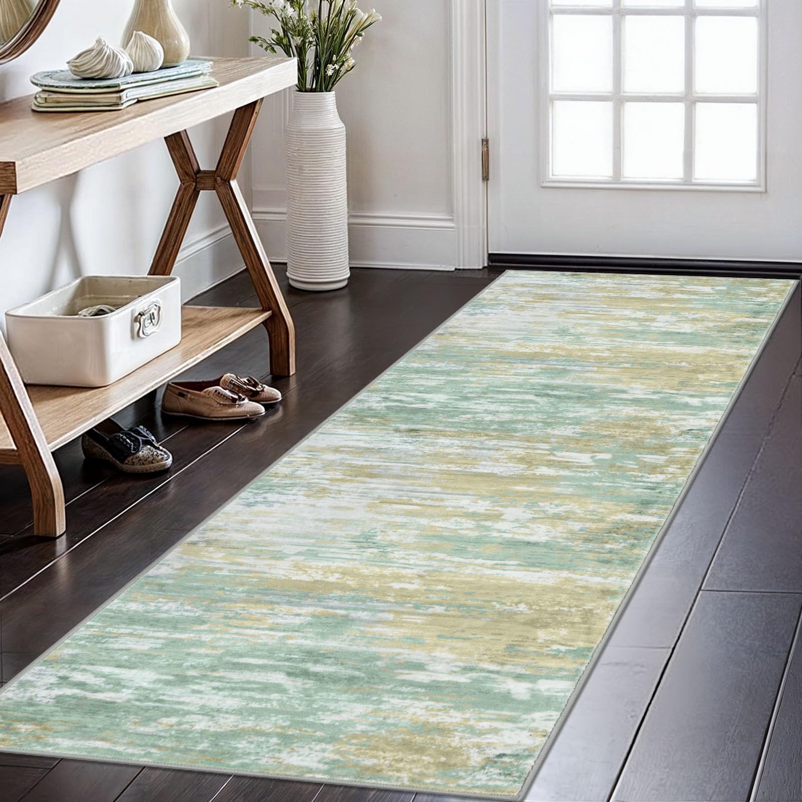 KOZYFLY Modern Abstract Runner Rugs 2x6 Light Green Yellow Machine Washable Area Rug for Bedroom Non-Slip Living Room Rug, Faux Wool Soft Low Pile Office Carpet for Bedroom, Kitchen Bathroom — image 1