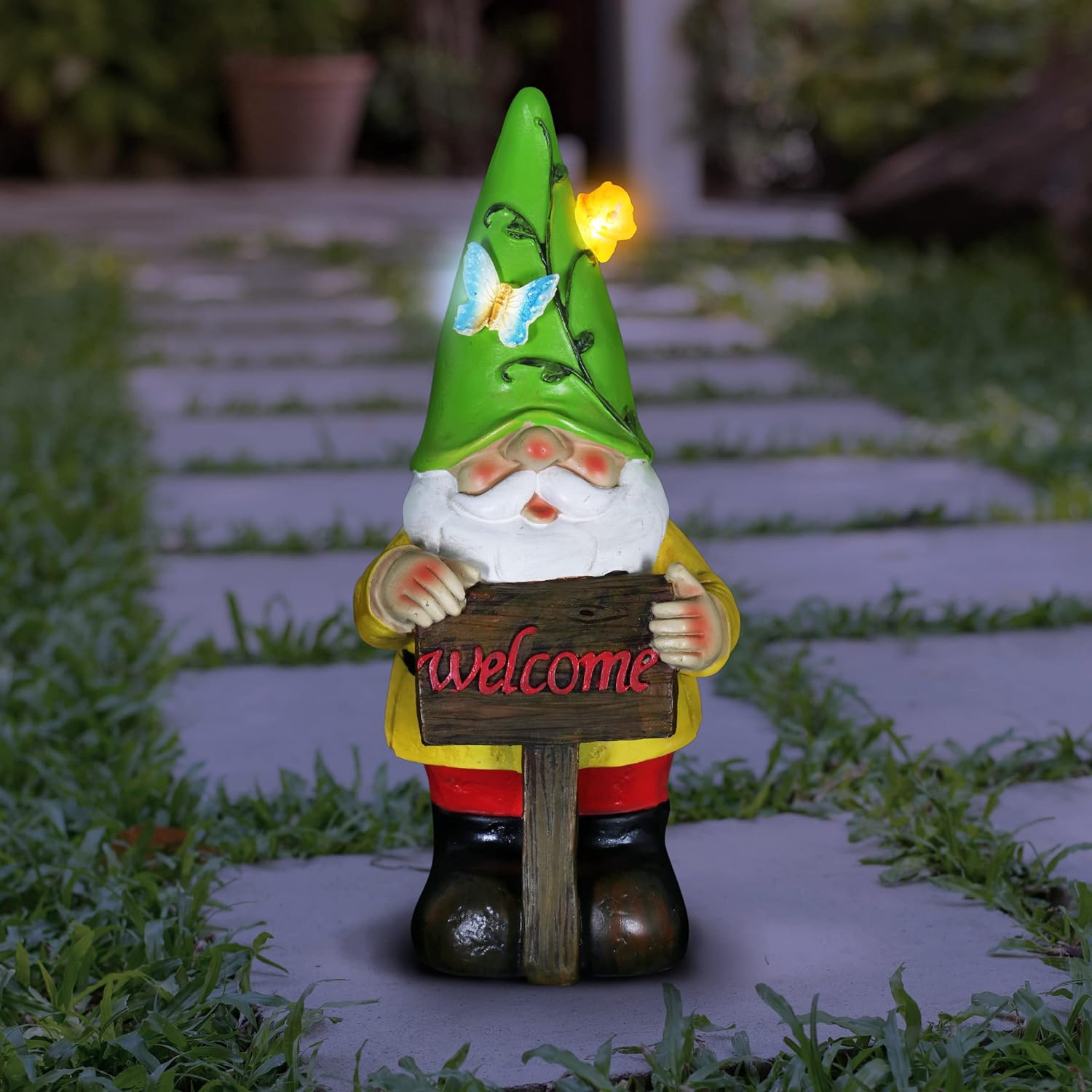 Exhart 太陽能小矮人花園雕像 附歡迎標誌 綠色帽子小矮人樹脂雕像 附木質歡迎標誌 蝴蝶和蝸牛設計的太陽能裝飾燈 精靈歡迎雕像 長5 英吋 約12 7 公分 X 1 1 英吋寬x 高25 4 公分 Exhart 露臺 Amazon Com