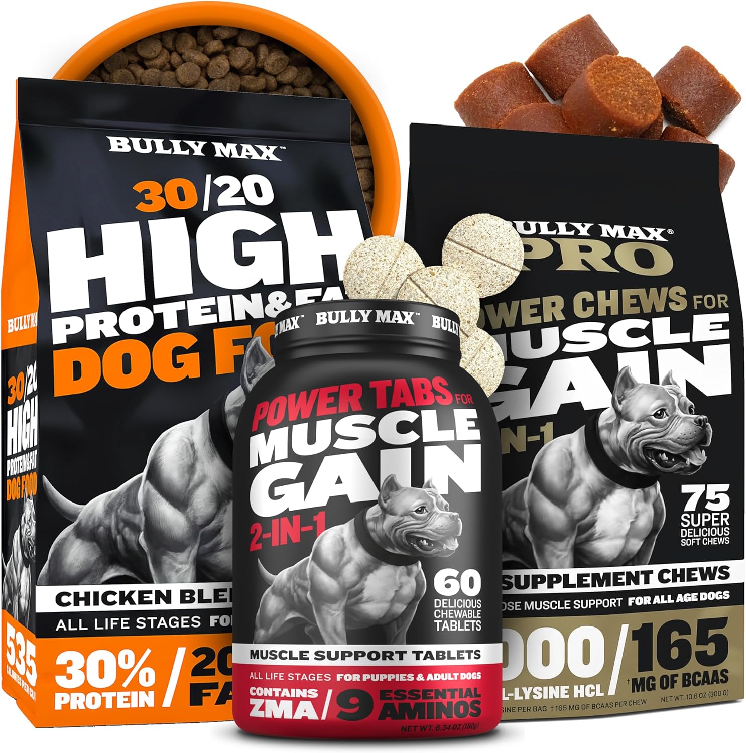 Bully Max High Protein Dry Dog Food (15lbs. Bag) + Muscle Builder Power Tabs (60 tabs) & Pro Series Power Chews Bundle – Muscle, Healthy Weight, Energy Support for All Breeds, Puppies & Adults Dogs