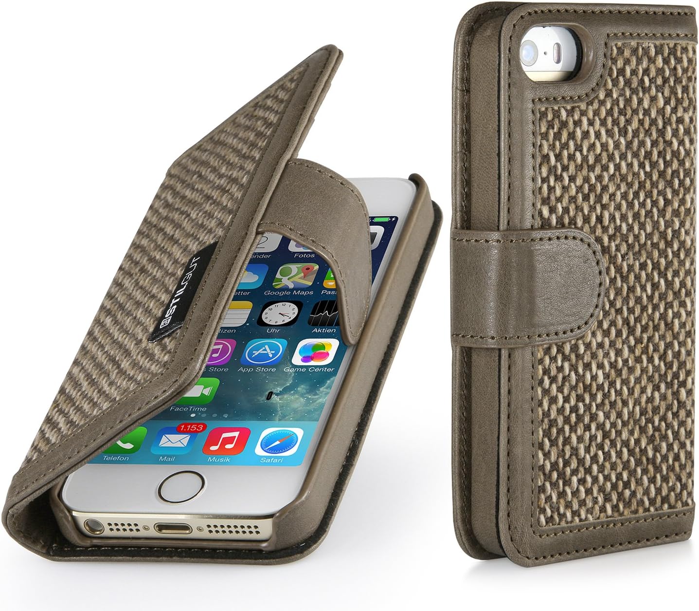 StilGut "Talis Wallet, Book Type Genuine Leather & Donegal Tweed Case for Apple iPhone SE & iPhone 5s & iPhone 5, Camel Brown