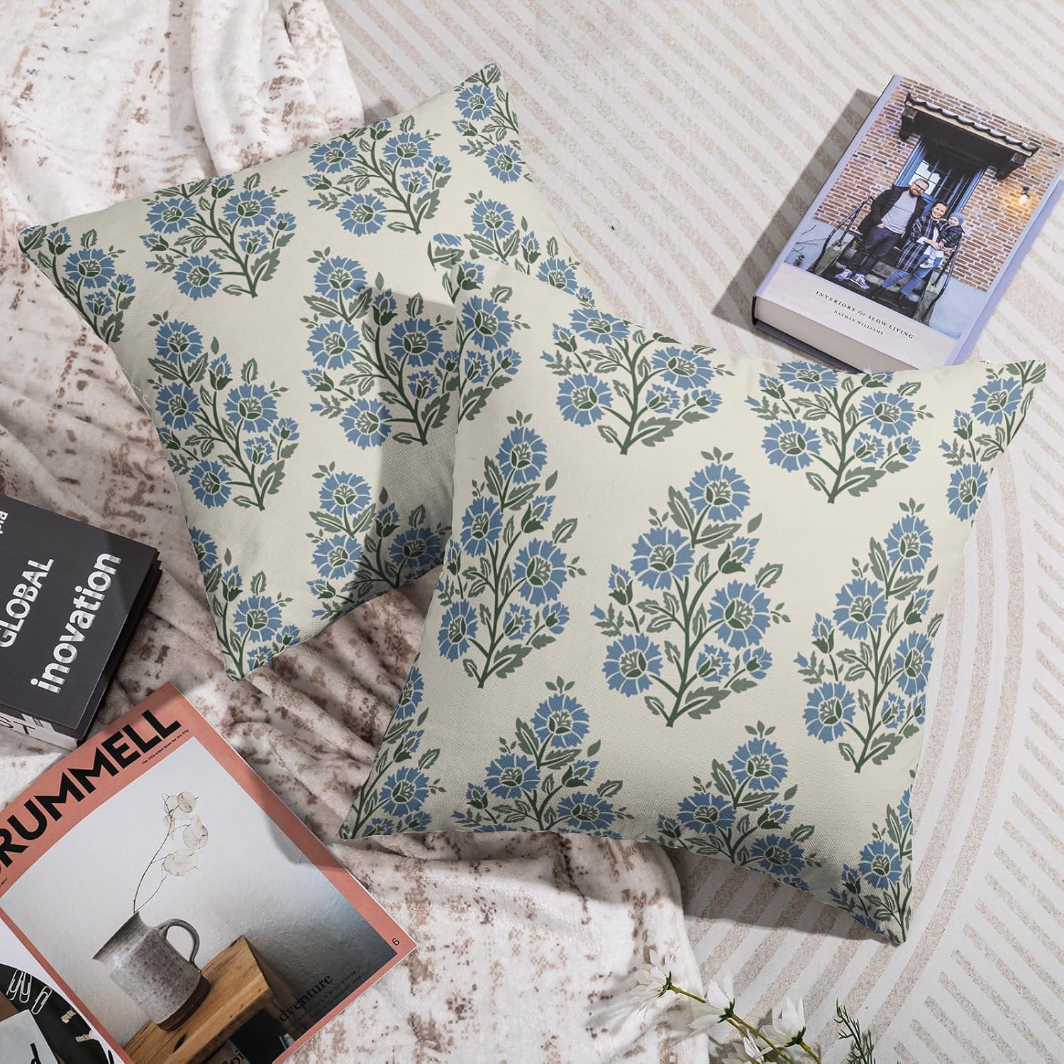 Blue Floral Pillow Covers 18X18 Inch Set of 2, Blue Green Block Print Style Pattern Spring Summer Decorative Throw Pillow Covers Outdoor Farmhouse Seasonal Cushion Case Couch Sofa Bed Decor - Image 7