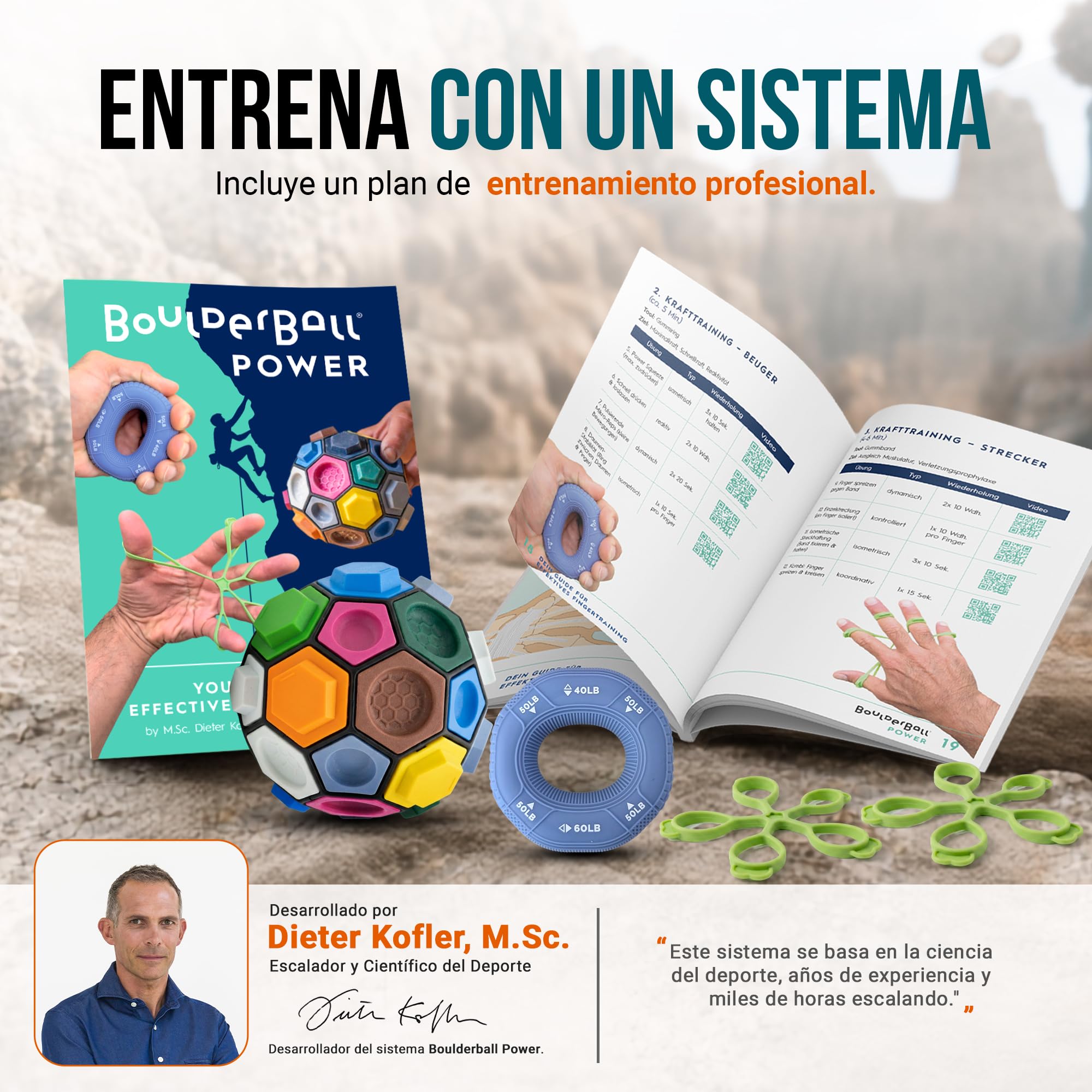 BOULDERBALL POWER Set de entrenamiento para fortalecer dedos mano y antebrazo. Incluye Boulderball anillo grip banda extensora y plan de entrenamiento. Para escaladores deportistas y uso diario