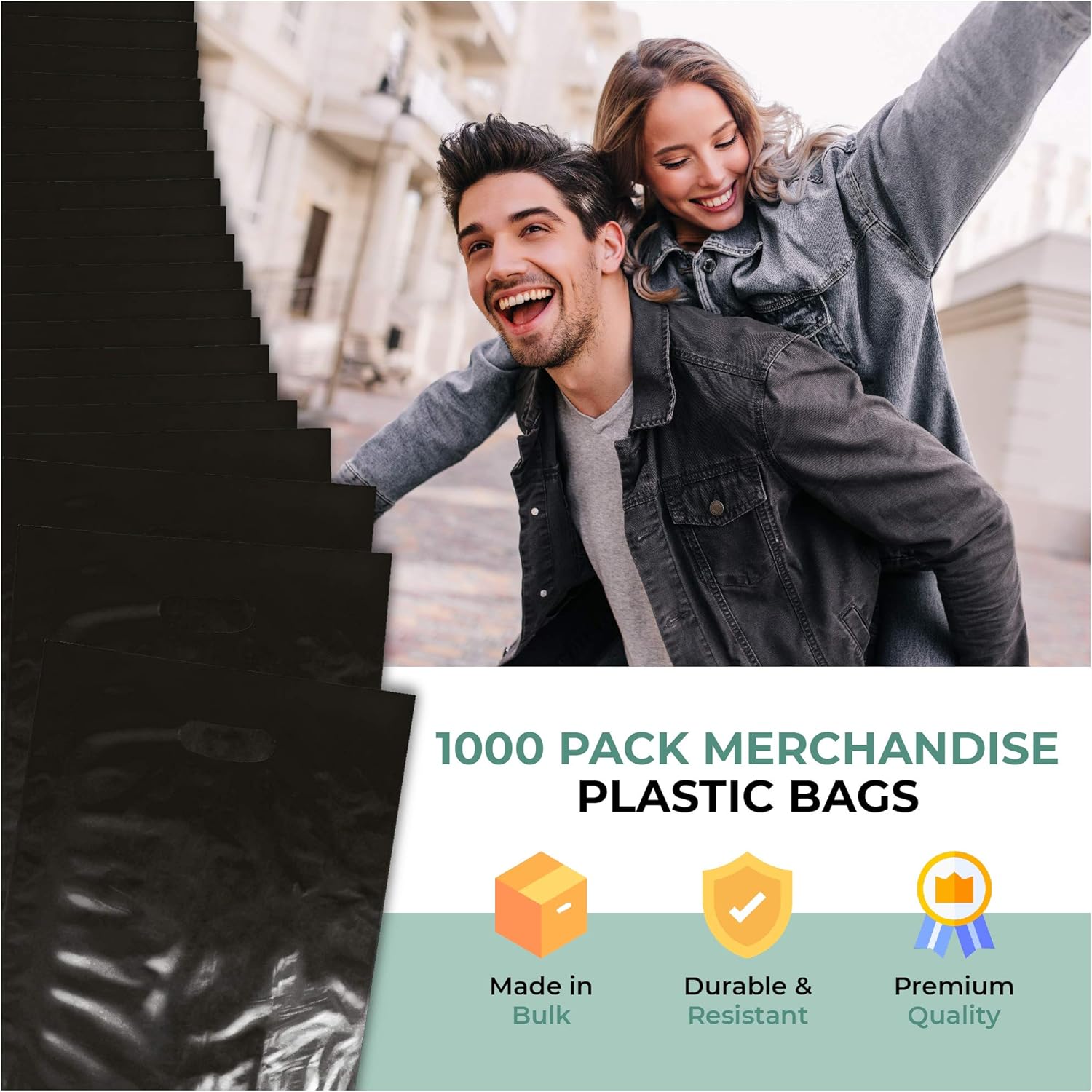 1000 Pack Black Merchandise Bags 12 x 15 Inches, 1.25 Mil Thick Glossy Plastic Retail Shopping Bags with Die Cut Handles, Recyclable Bulk Bags for Stores, Events, Gifts