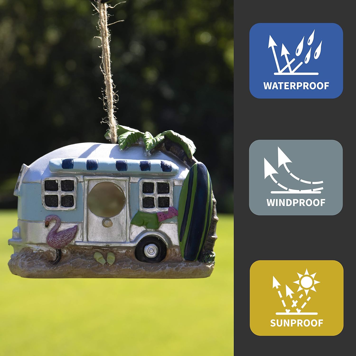 Hanging Decorative Resin Bird House | Hand Crafted Outdoor Home & Garden Décor for Wild Birds, Hummingbird, Cardinal, Finch, Bluebird | Bus