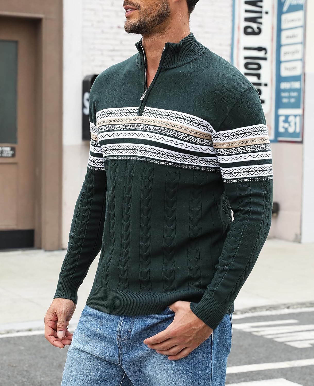 Men's Quarter-Zip Up Pullover Sweater Striped Slim Fit Sweater Casual Lightweight Warm Long Sleeve Mock Neck Sweater - Image 6