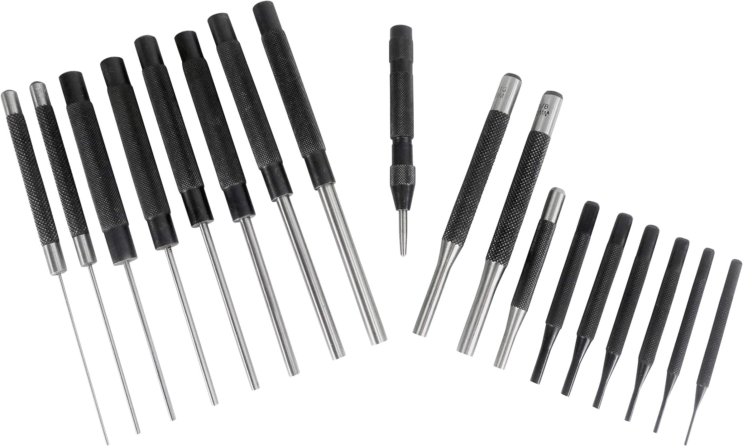 Taytools 466125 18 Piece Roll Pin Punch Set with 8 Inch Long and 4 Inch Short Pins, Includes Sizes 1/16 Through 3/8 Inch, Automatic Center Punch in Canvas Storage Pouch