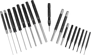 Taytools 466125 18 Piece Roll Pin Punch Set with 8 Inch Long and 4 Inch Short Pins, Includes Sizes 1/16 Through 3/8 Inch, Automatic Center Punch in Canvas Storage Pouch