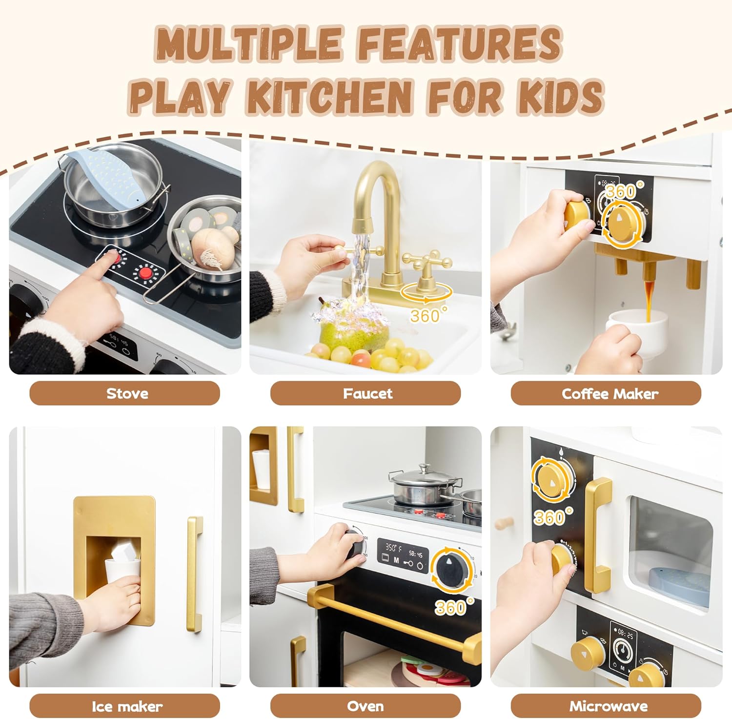 A child opening the microwave door of the play kitchen to place a toy cup inside.