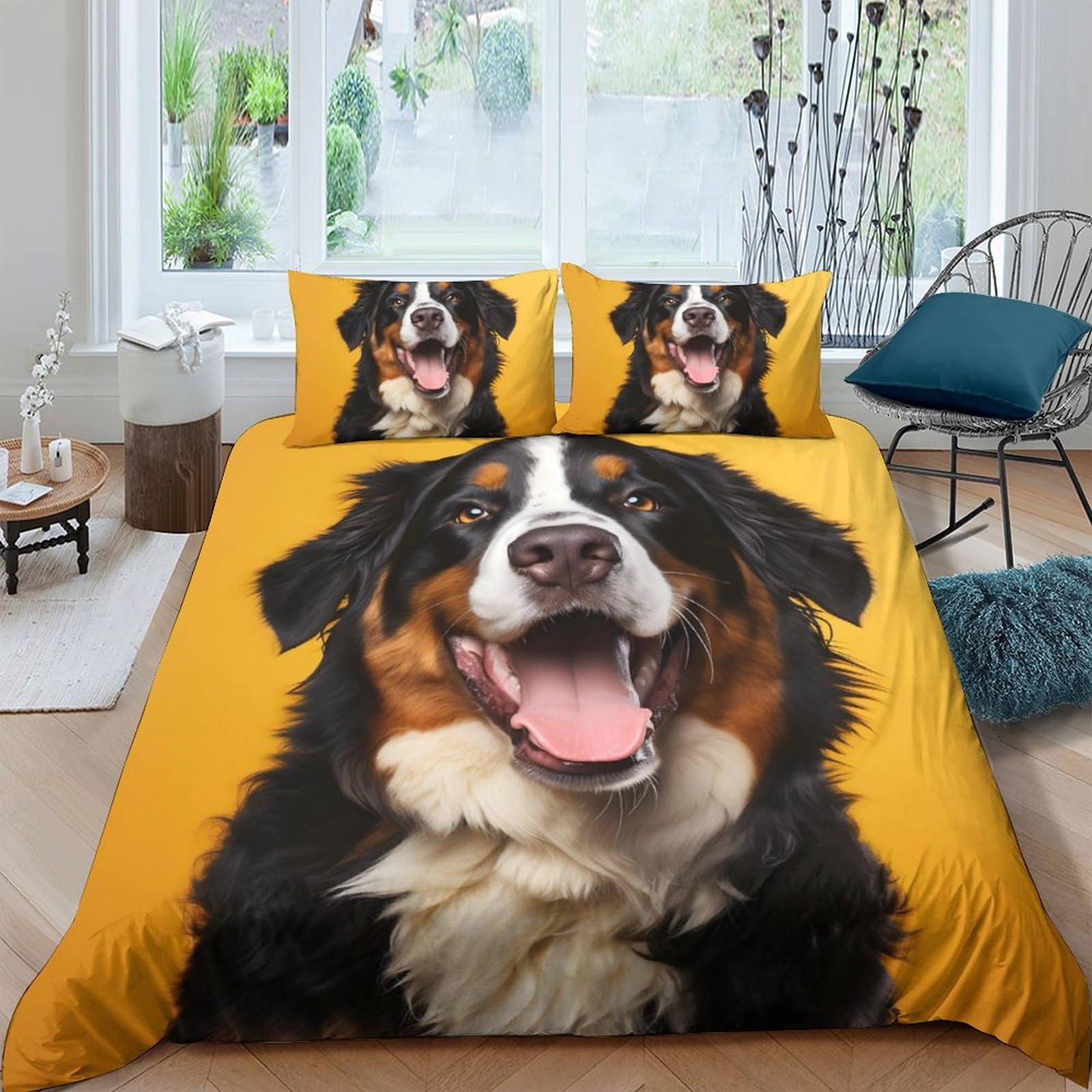 GPLZQXKJNH 3D Printed Bernese Mountain Dog Duvet Cover Set Microfiber Soft Yellow Bedding with 2 Pillowcases for Bedroom Single（135x200cm）