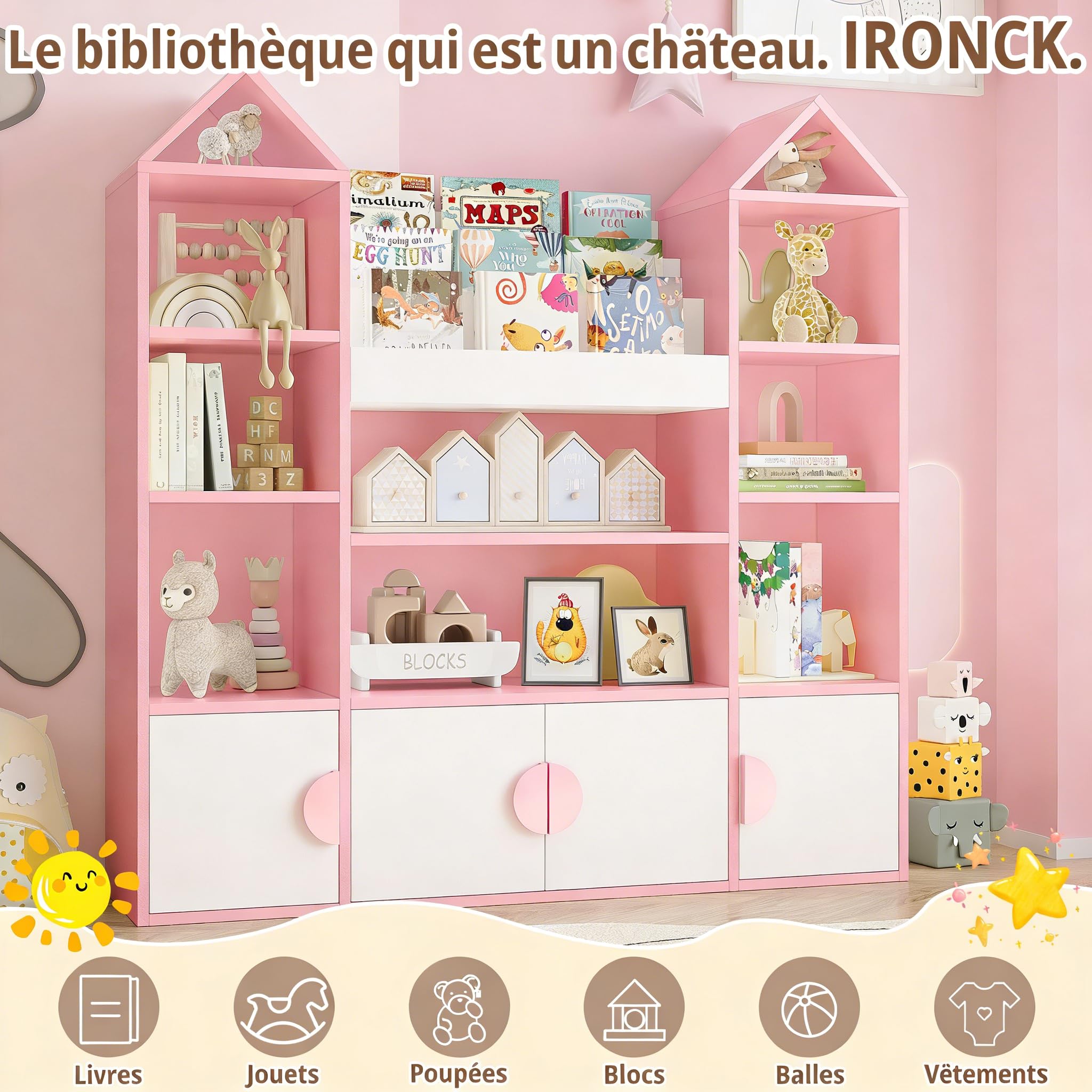 IRONCK Bibliothèque Enfant, Meuble Rangement Jouet, Meuble de Rangement Enfant, Étagère Ouverte à 4 Portes et 10 Étages, Design château, adapté d'enfant, Salon, Salle de Jeux 123.5x33x127cm (Rose)