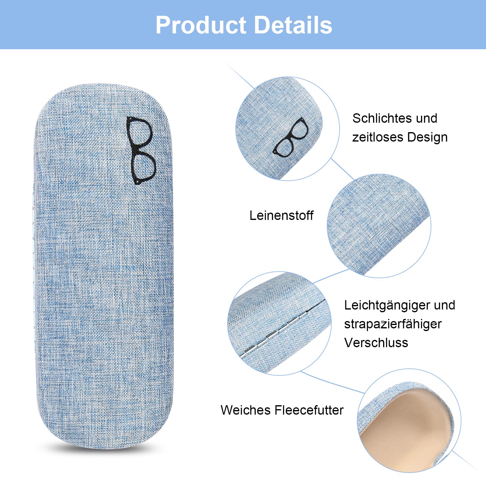 5 Stück Hardcase Brillenetui, Tragbare Brillenetui Leinen Brillenetui, Kratzfeste Brillenbox mit Brillenputztuch für Sonnenbrille Lesebrille Sportbrille (5 Farben)