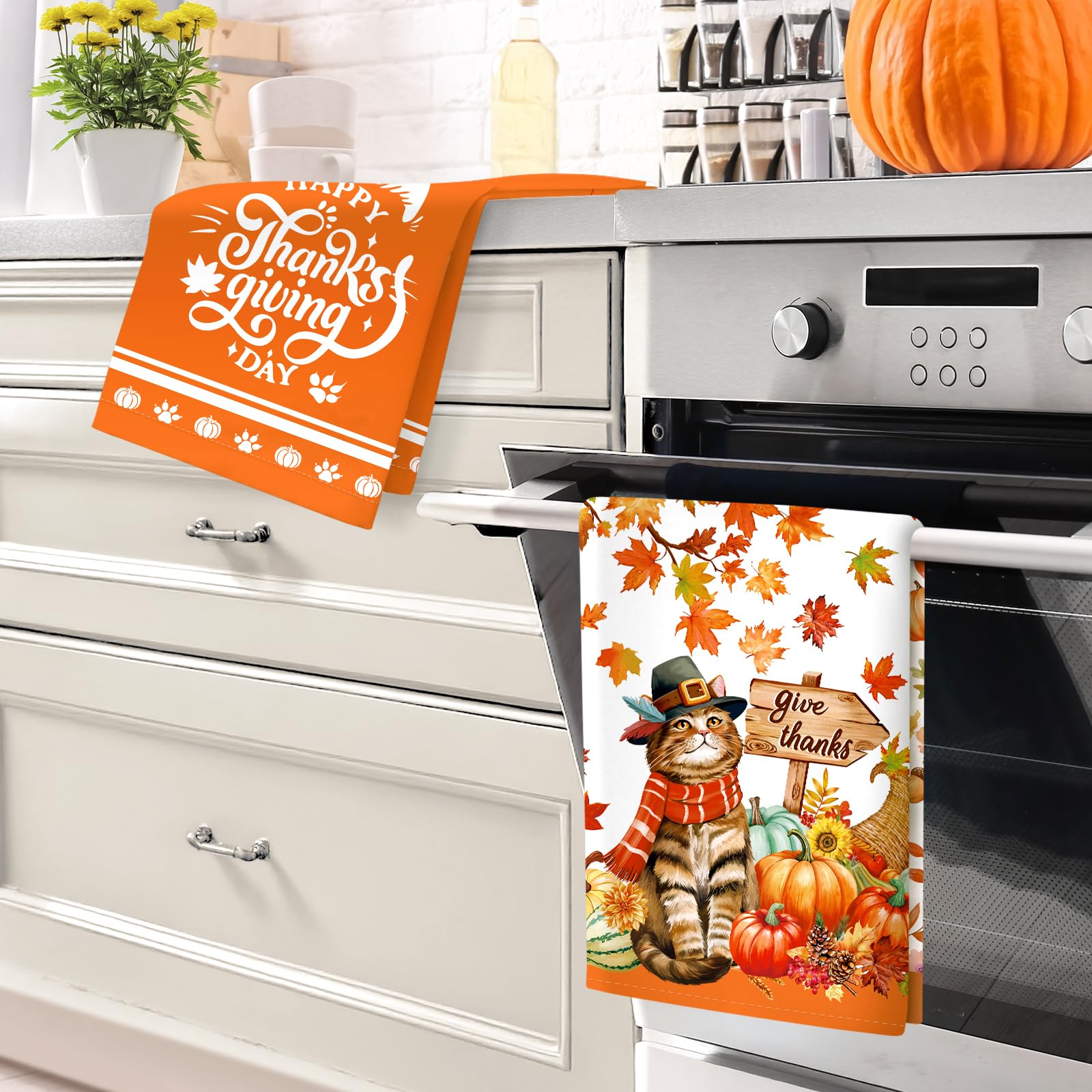 Arquiel Fall Thanksgiving Cat Pumpkin Tea Towels, Cotton Kitchen Towel 48 × 70 cm - Image 2