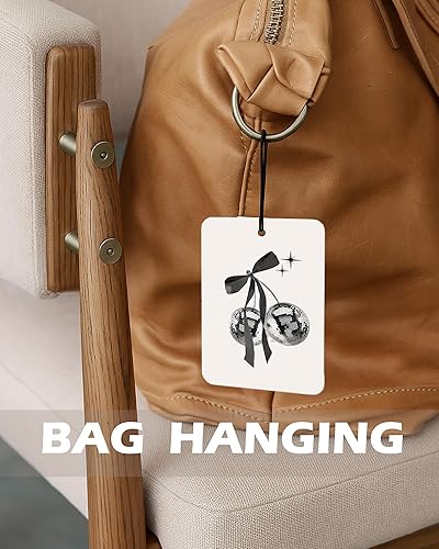 Miniatura 6 de Ambientador de aire retro de colonia con lazo negro de coqueta, 4 piezas, diseño de bola de discoteca con lazo femenino preppy para colgar