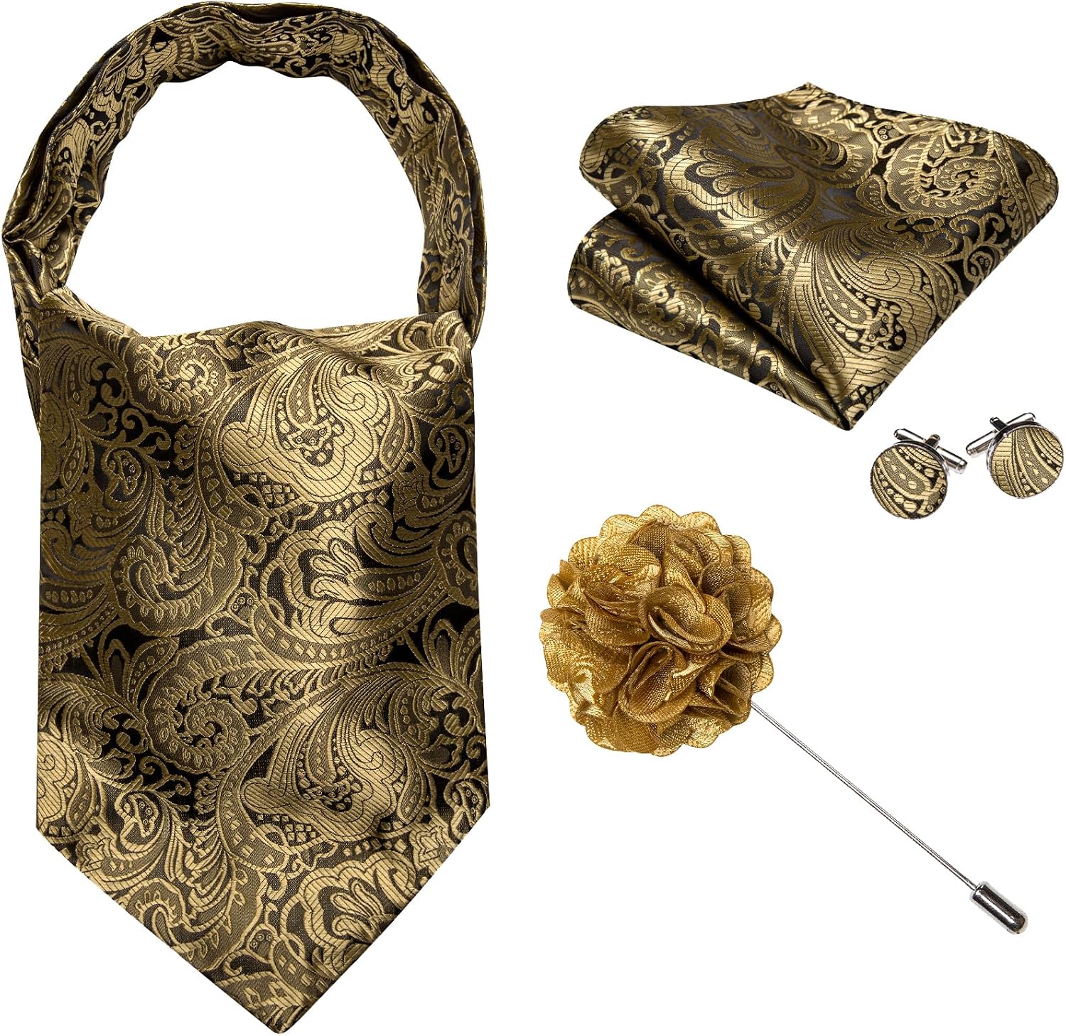 YOHOWA Ascot Tie Silk Cravat Paisley Scarf Self Ties Pocket Square Cufflinks Set Dress Wedding image 5