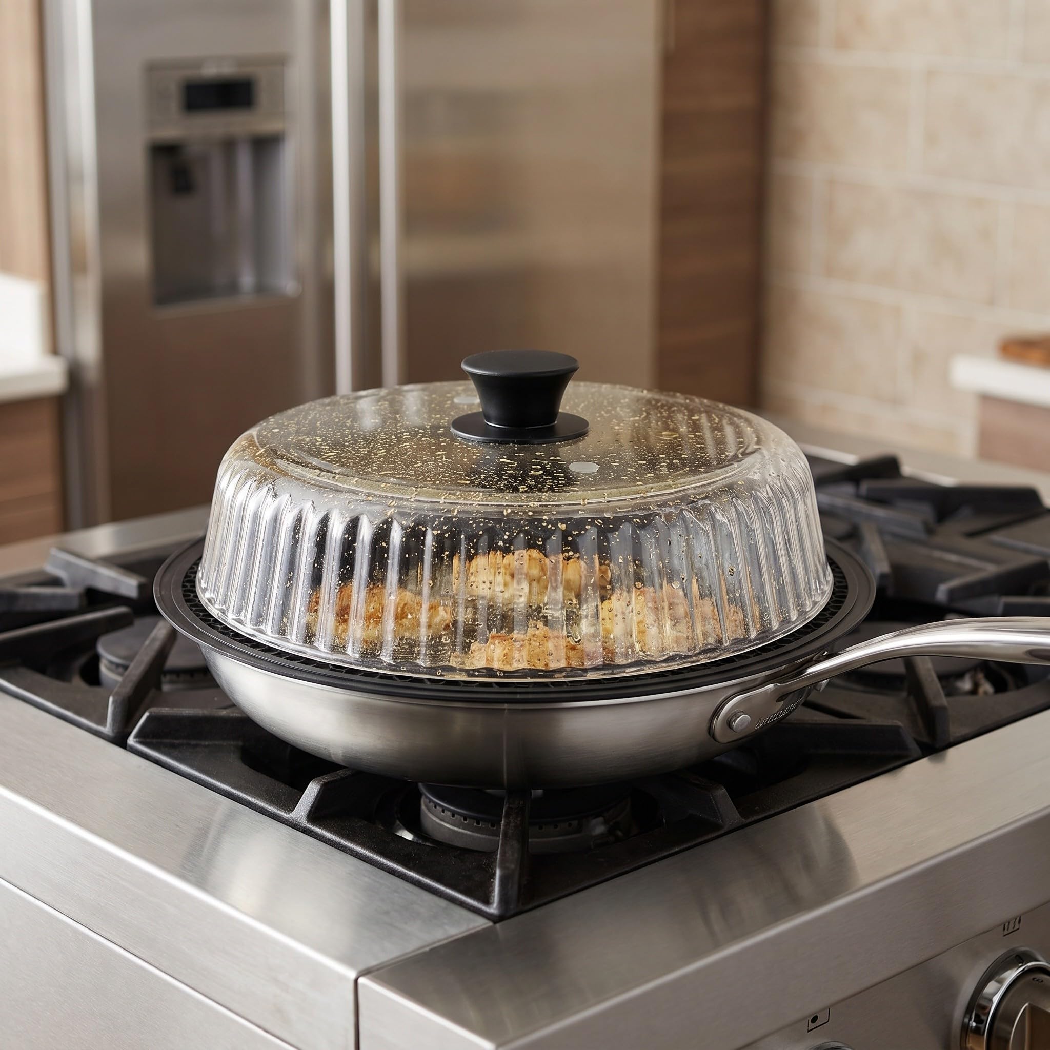 Zerodeko Coperchio in vetro per microonde anti-schizzi, da 25 cm, in vetro borosilicato, con pomello in silicone e tappetino per piatti e stoviglie, cupola ventilata per un riscaldamento uniforme.