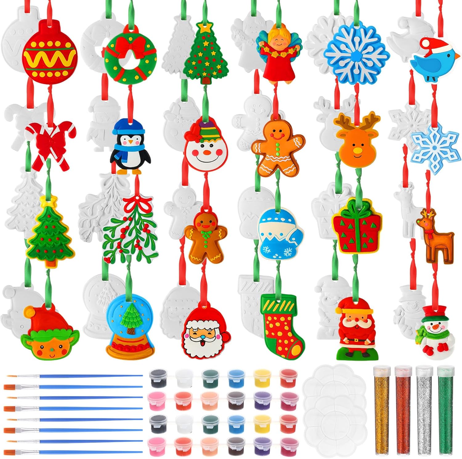 Capoda 24 Sets Christmas Ceramic Ornaments to Paint for Adult Ready to Paint Your Own Ceramic Figurines Snowman Gingerbread Man Xmas Tree Santa Plaster DIY Paintable Crafts Kit Christmas Holiday Gifts