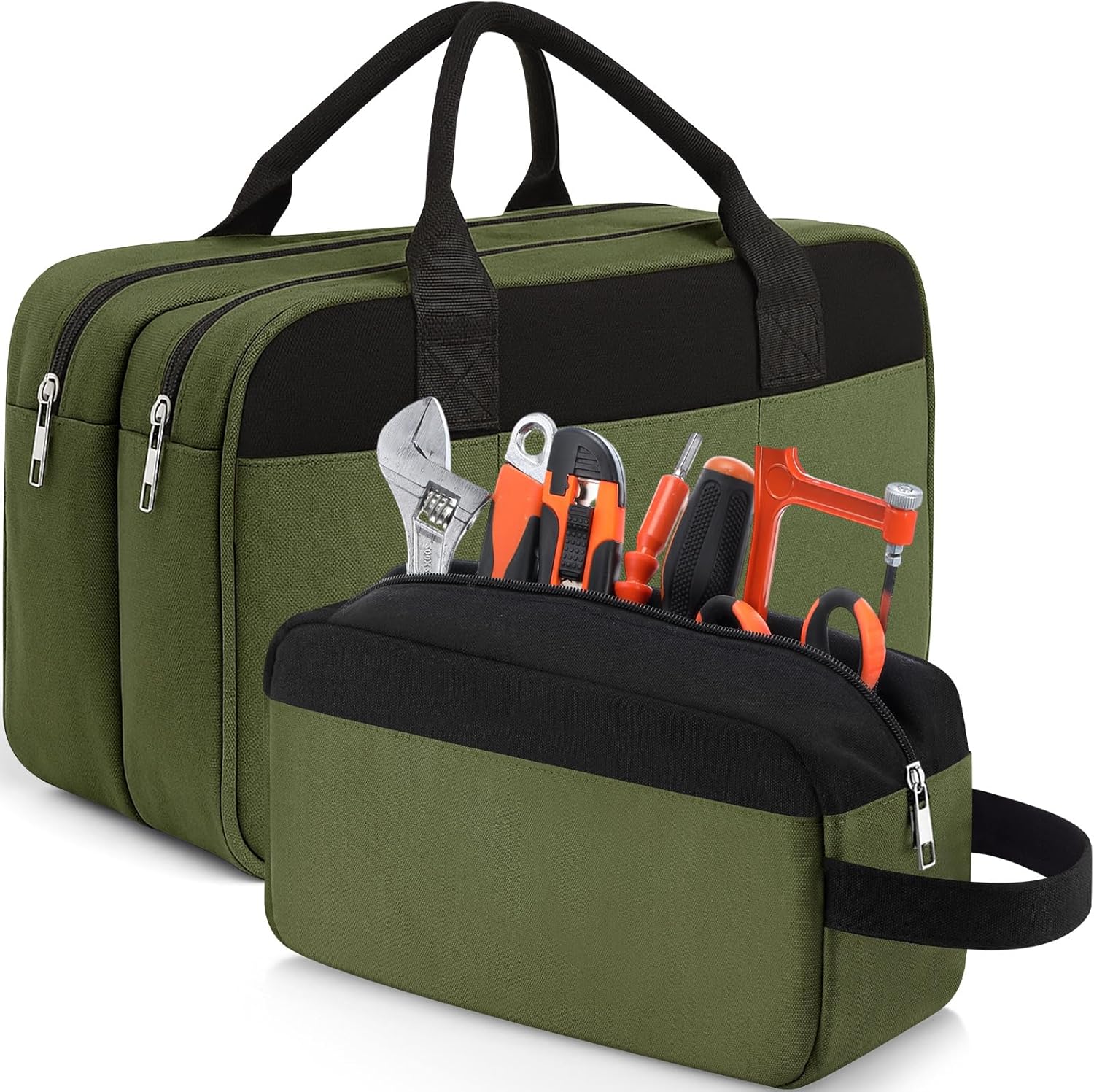Eccliy 2 Pack Small Tool Bag for Men, 14 Inch Zipper Tool Pouch & 12 Inch Wide Mouth Tote Bag Heavy Duty Utility Organizer for Electrician Carpenter Mechanic(Gray)
