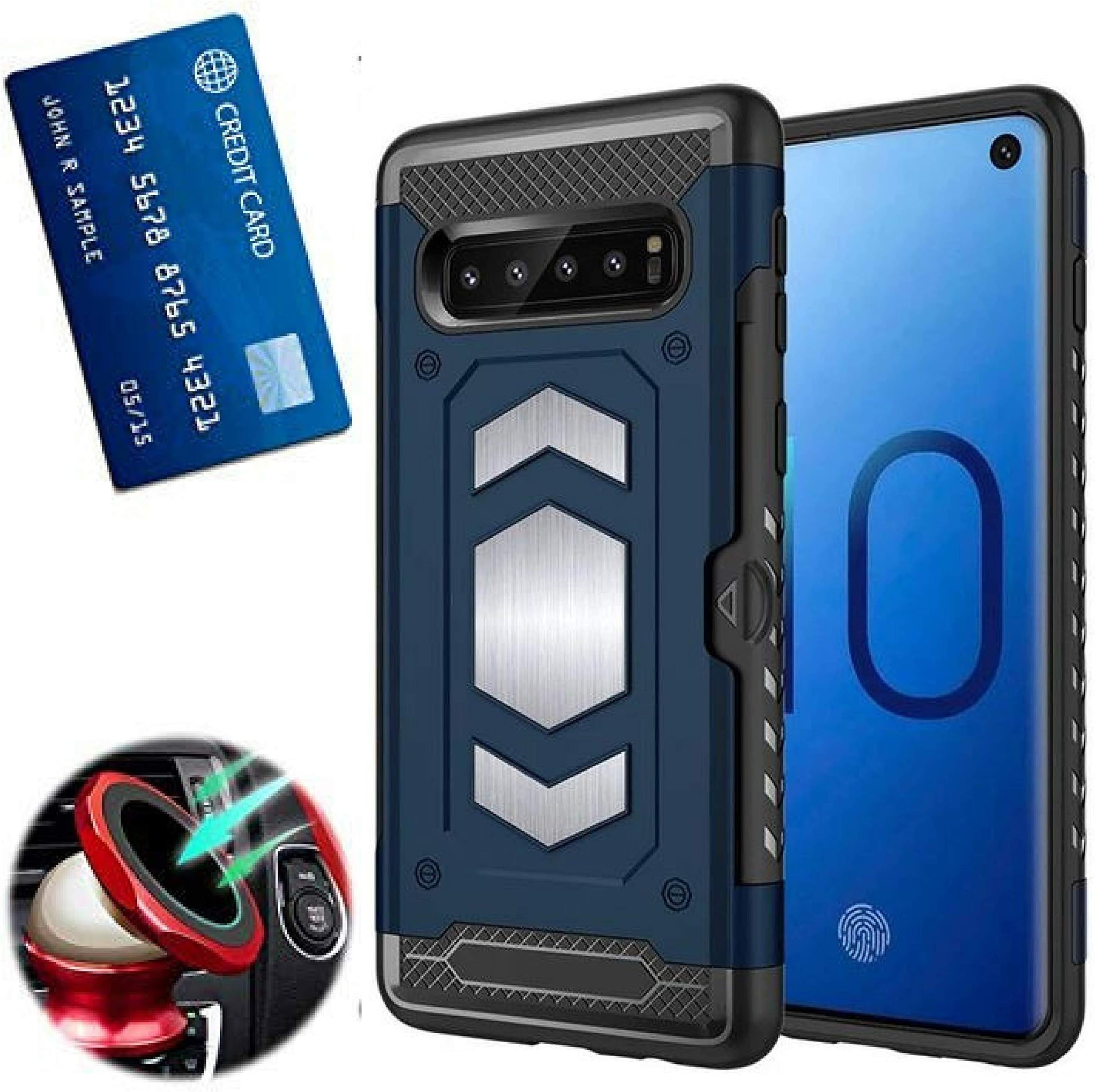 S10 Plus Case with Card Holder : S 10+ Phone Cases with Metal Back for Magnetic car Mount : Samsung Galaxy S10 Plus case with Card Slot Wallet Full Protection, Shock Absorption Armor (Blue, S10 Plus)