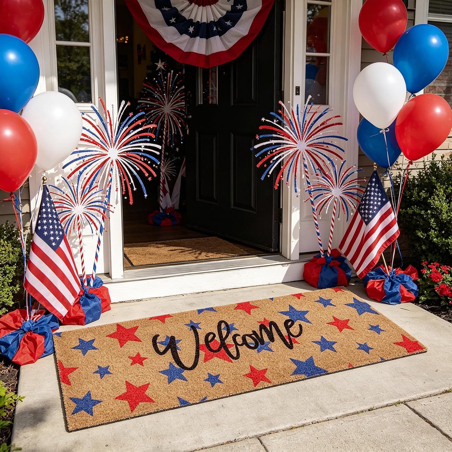 47.24" x 16" Long Front Patriotic Natural Coir Door Mat, 4th of July Red Blue White Star Welcome Non Slip Large Outdoor Rug for 250th Anniversary Independence Day Home Decor