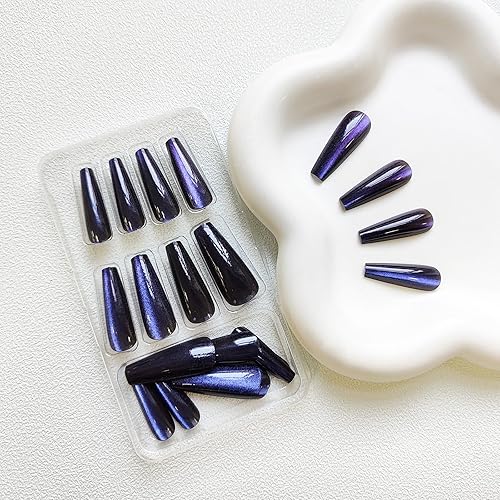Miniatura 3 de Uñas postizas largas con purpurina azul con diseño, acabado acrílico brillante, cobertura completa, uñas reutilizables para mujeres y niñas