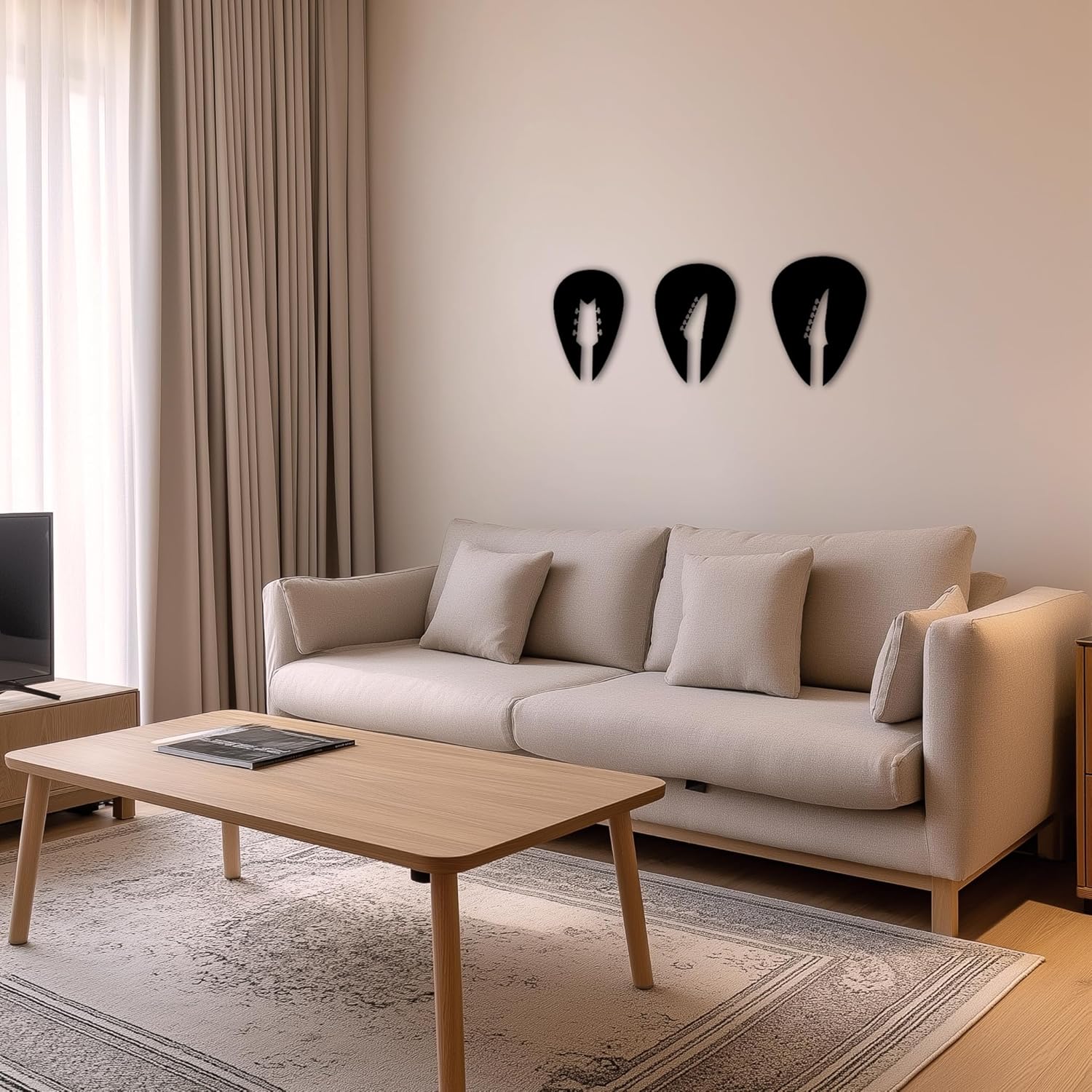 Guitar Wall Art Set of 3-11x40 Inch Black Guitar Silhouette Music Wall Decor - Engineered Wood Wall Art for Living Room Bedroom Home Studio Man Cave - Musicians Rock Music Lovers Gift