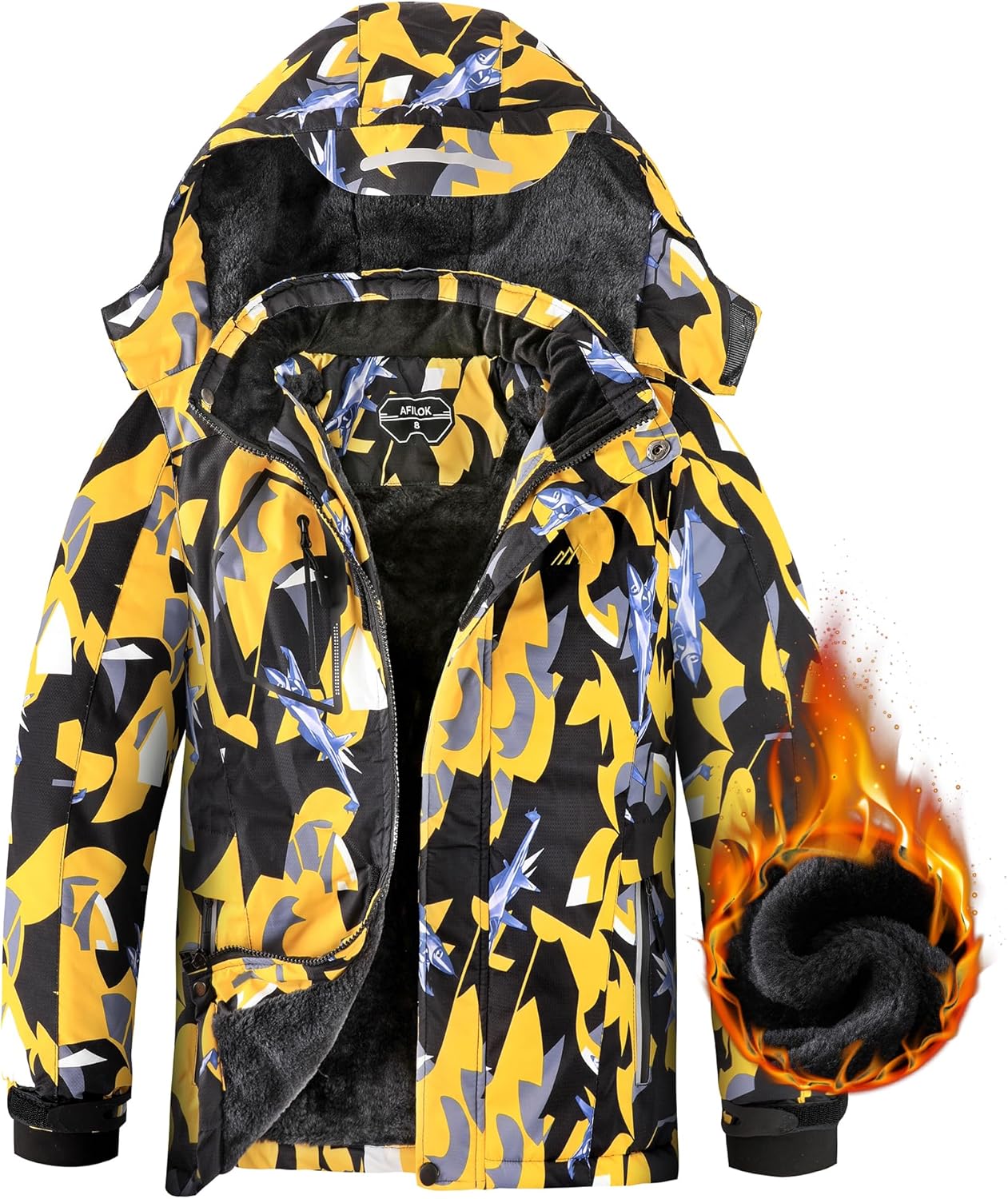 AFILOK Boy's Ski Jacket Waterproof Breathable Kids Fleece Lined Windproof Hooded Snowboard Coats