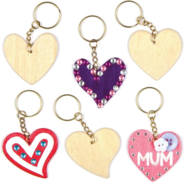 Baker Ross AF906 Heart Wooden Keyrings, Craft Kits For Kids to Paint, Decorate and Use (Pack of 8), 48mm