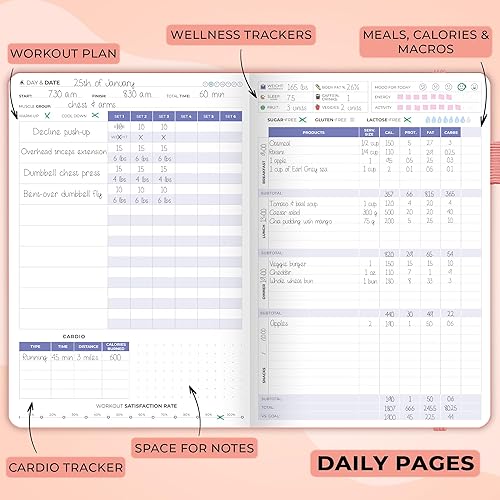 Vista 5 de Clever Fox Fitness & Food Journal – Nutrition & Workout Planner for Women & Men – Diet & Gym Exercise Log Book with Calendars, Diet & Training Rosa