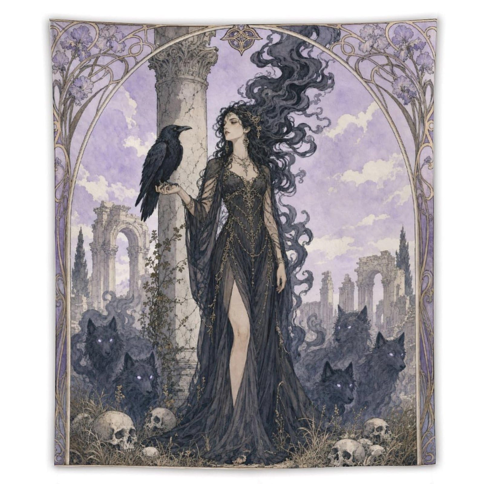 W7C8U2X3 Raven Witch in Graveyard Wall Tapestry, Ceiling Hanging