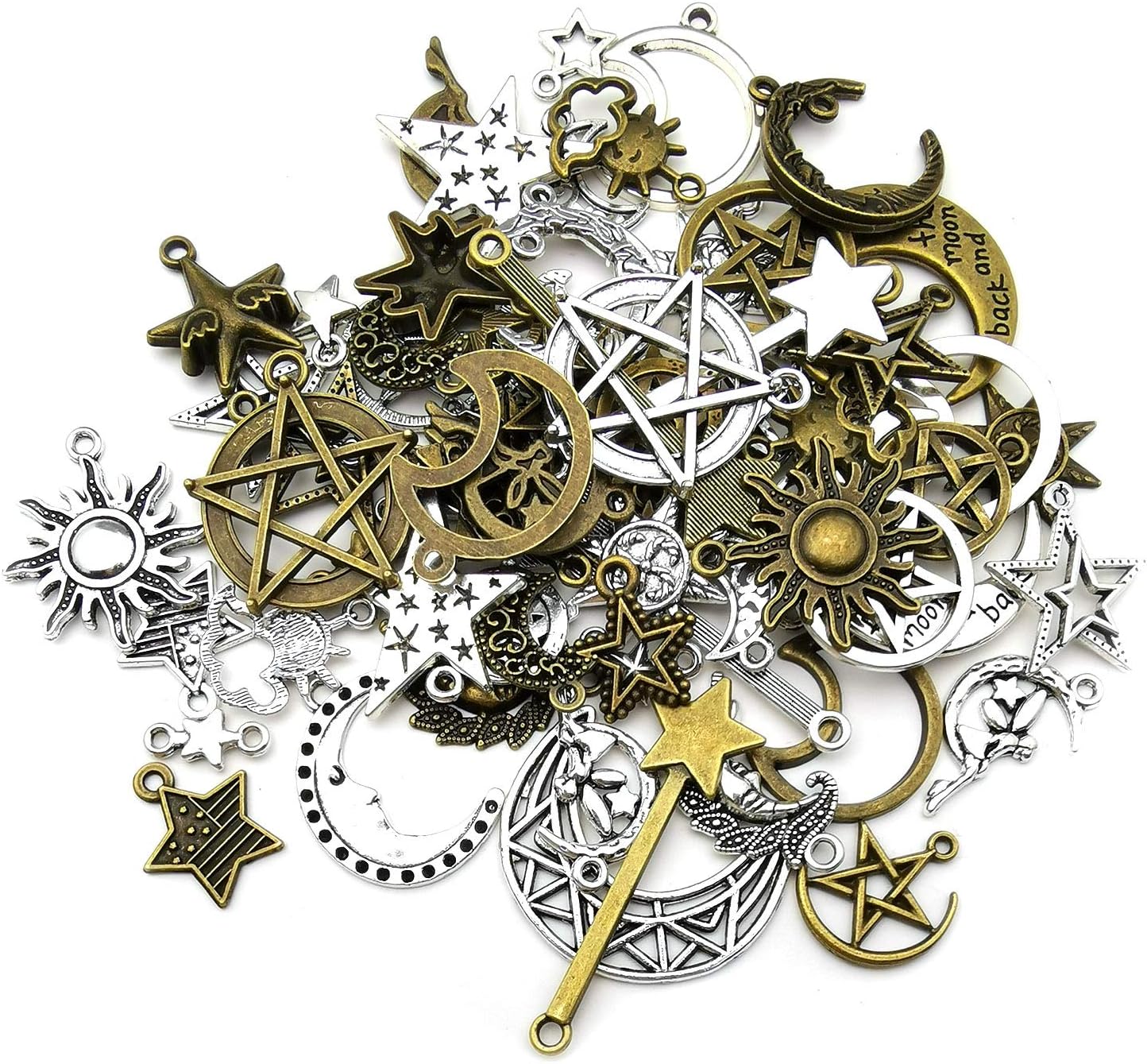 100g(About 76pcs) Craft Supplies Small Antique Bronze Silver Sun Moon Star Charms Pendants for Jewelry Making Findings Crafting Accessory for DIY Necklace Bracelet (M206)