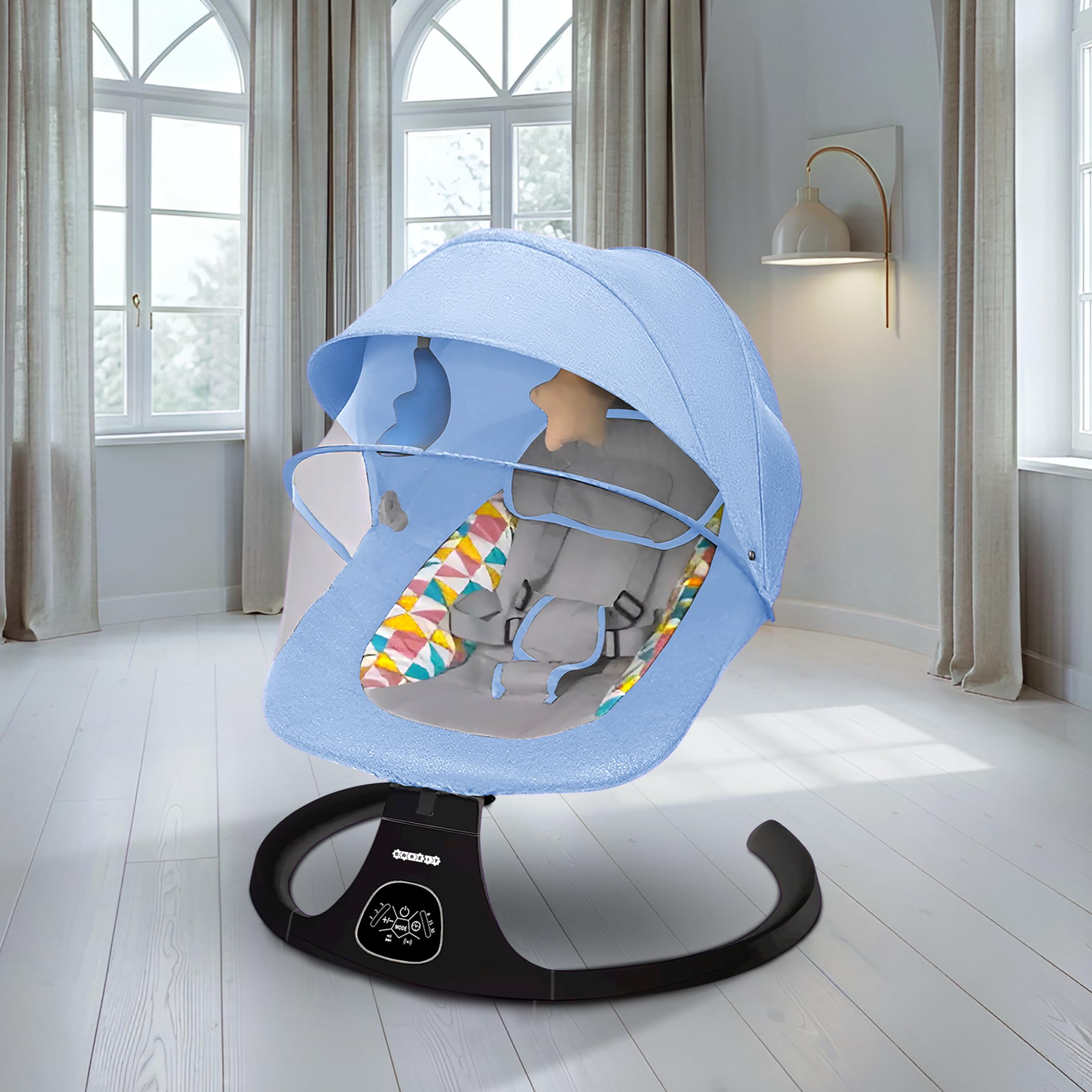 Electric Baby Swing Rocker for Newborns & Infants | Automatic Baby Cradle with Bluetooth Music, Remote Control, Built-in Lullabies, Mosquito Net, Hanging Toys, Soft Cushion–Blue (0–12 Months)-image-5