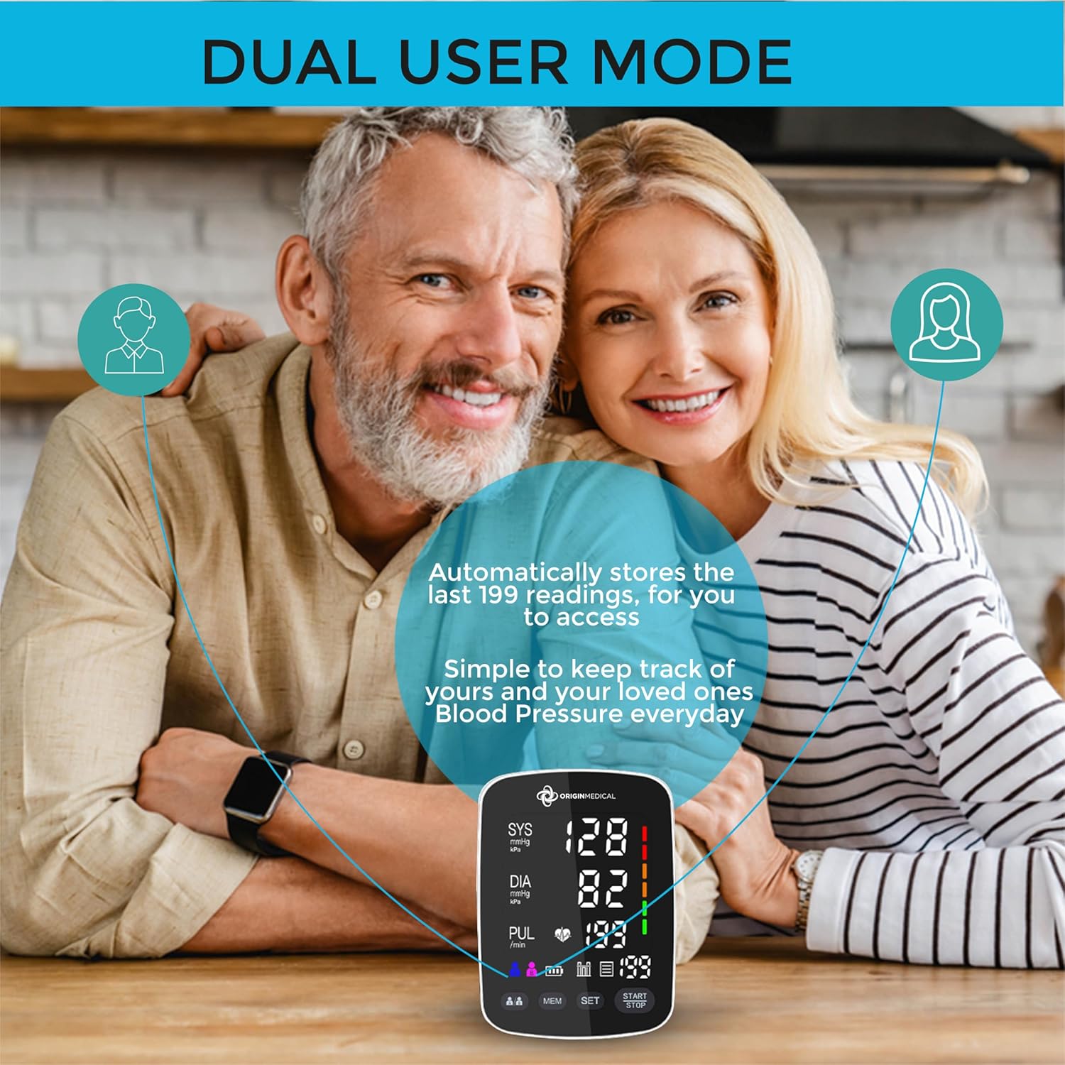 Image showing a couple, illustrating the dual user mode feature of the blood pressure monitor, which stores readings for two individuals.
