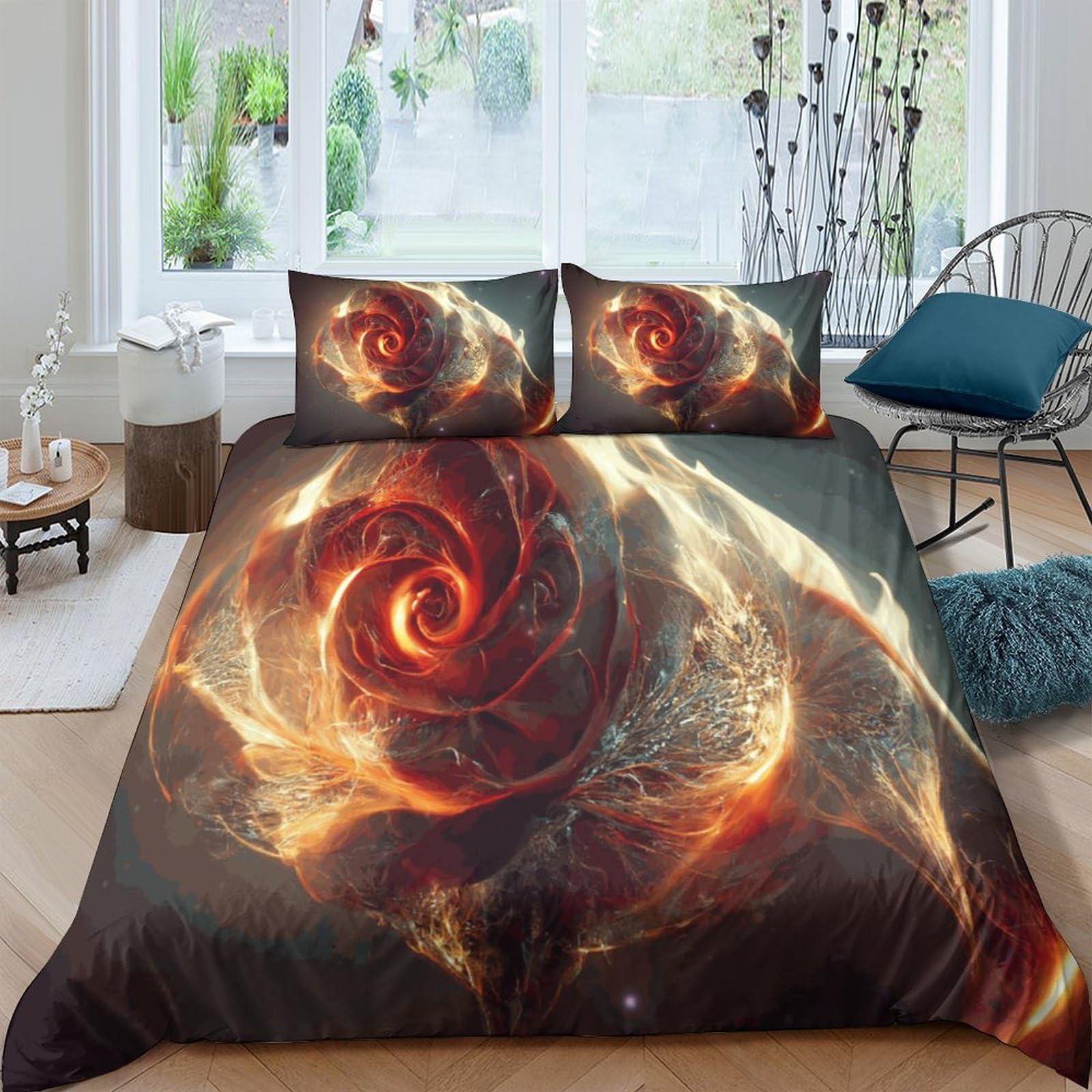 Housse de couette fleur imprimée parure de lit 3 pièces double 200x200cm IOFEER