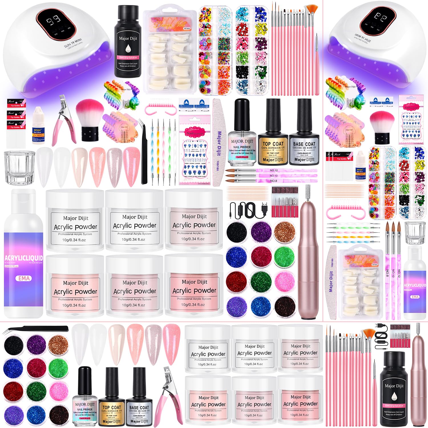 Acrylic Nail Kit Set for Beginners with Everything Acrylic Powder Nail Drill Lamp Starter Kit with False Nail Tips Nail Art Decoration Tools for Home Salon Gifts