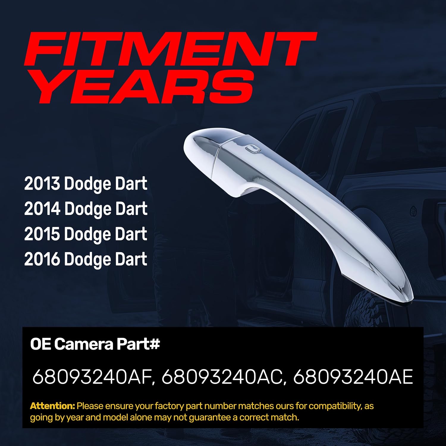 Master Tailgaters Exterior Door Handle Chrome Replacement for Dodge Dart (2013-2016) OE Part # 68093240AF, 68093240AC, 68093240AE | Front Right Passenger Side w/o Keyhole