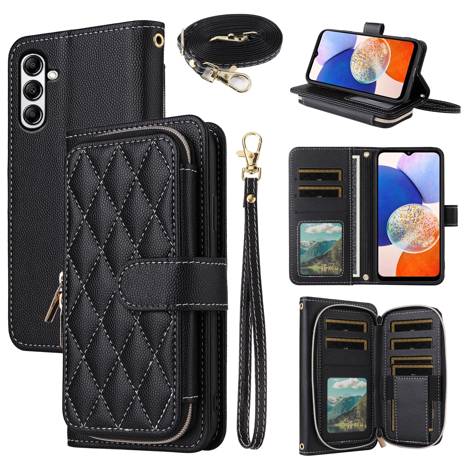 Dswteny Argyle Wallet Case for Samsung Galaxy A55 5G with Wrist Strap Shoulder Strap, Zipper PU Leather Flip Credit Card Holder Stand Accessories Cell