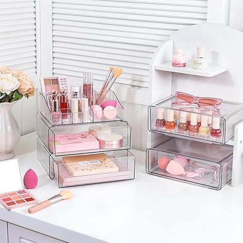 Miniatura 2 de Vtopmart Organizador de maquillaje transparente de 5 niveles con cajón, almacenamiento de cosméticos para tocador y tocador de baño, soporte de