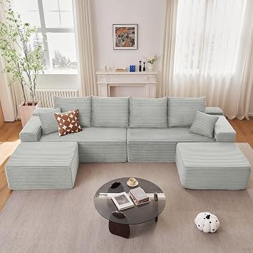 140" Sectional Cloud Couch for Living Room, Modular Floor Deep-Seat Sofa, Big Comfy Corduroy Couches Set with Fluffy Memory Foam, Stupendous U Shaped Sofas, No Assembly Required, Grey