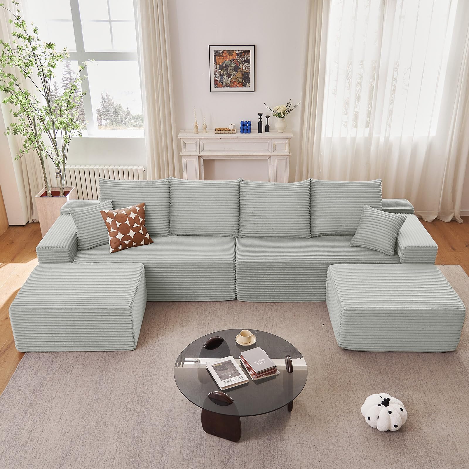 140" Sectional Cloud Couch for Living Room, Stupendous U Shaped Sofas, Modular Floor Deep-Seat Sofa, Big Comfy Corduroy Couches Set with Fluffy Memory Foam, No Assembly Required, Grey