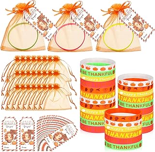 Liliful 72 Pcs Thanksgiving Fall Party Favors for Kids 24 Set Turkey Silicone Wristbands with Gift Tags and Organza Bags Thanksgiving Friendsgiving Goodie Bags for Classroom Students(Fall Style)
