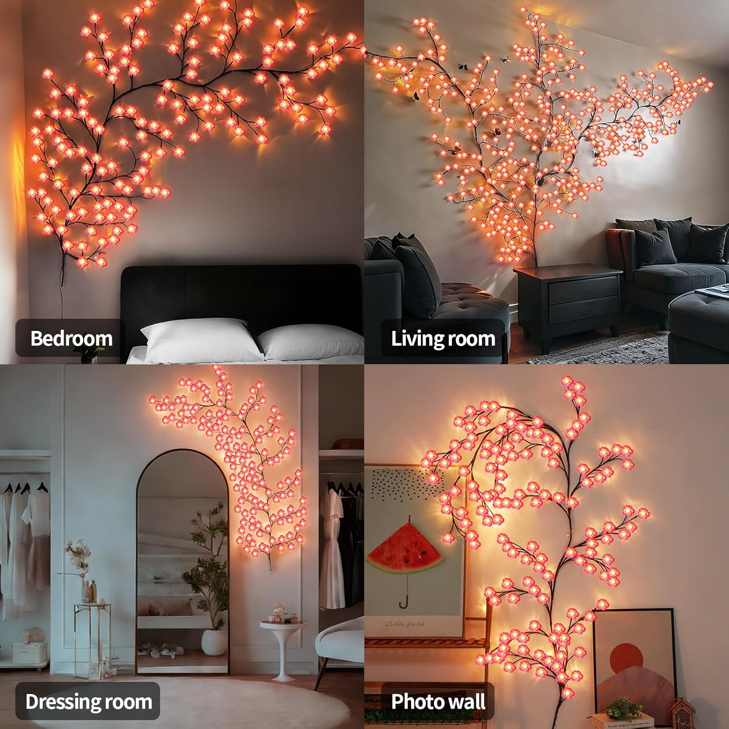 Cherry LED Branch Lights, 144 LED Willow Vine Light Garland Lighting with Remote Control, 8 Adjustable Lighting Modes, Plug-in Indoor Decorative Lights for Home Wall Door Decor