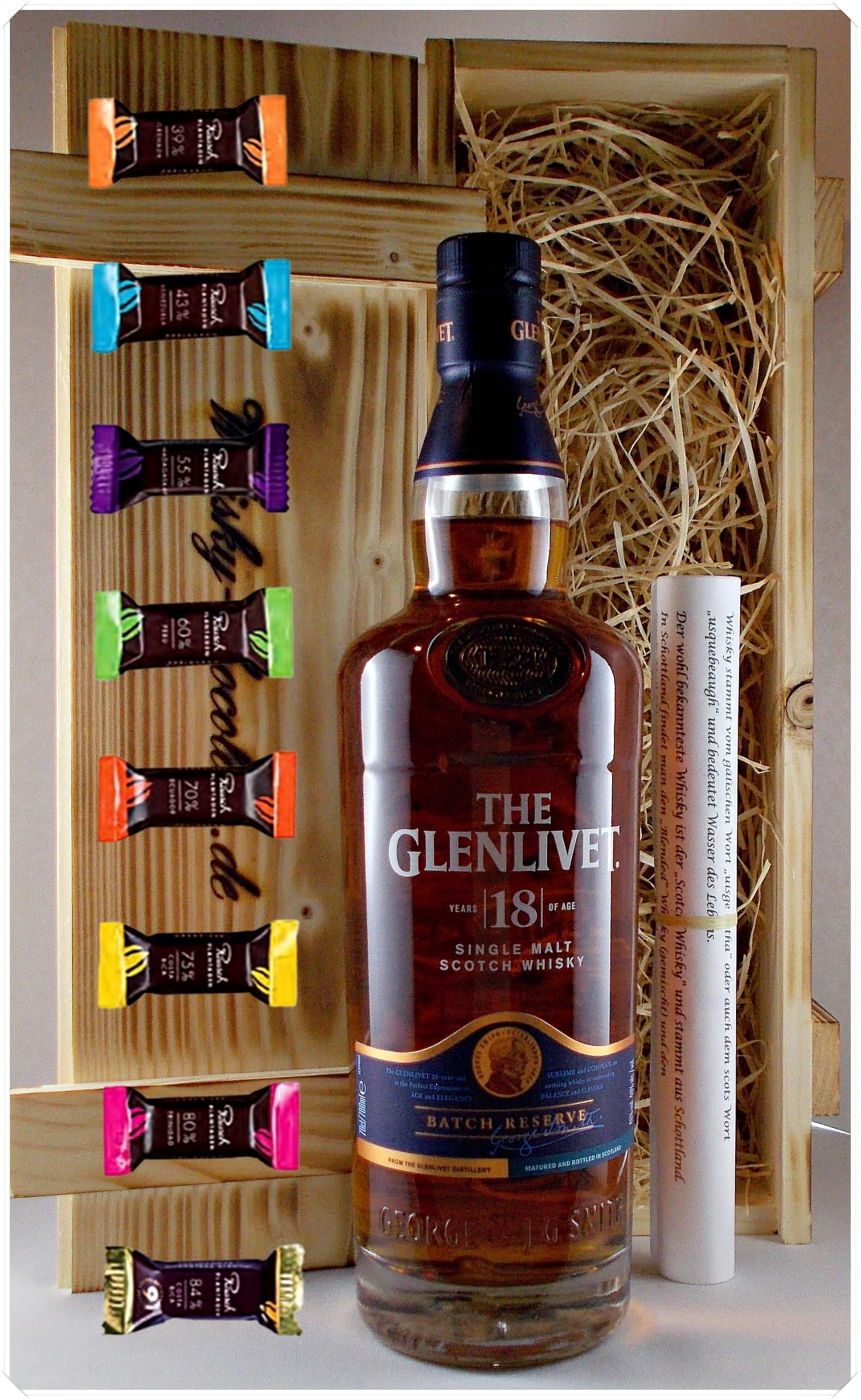 Glenlivet 18 Jahre Single Malt Whisky + 8 Edelschokoladen 8 Sorten Geschenk in geflammter Holzkiste Männergeschenke Whisky mit Schokolade genießen The Genießer Set