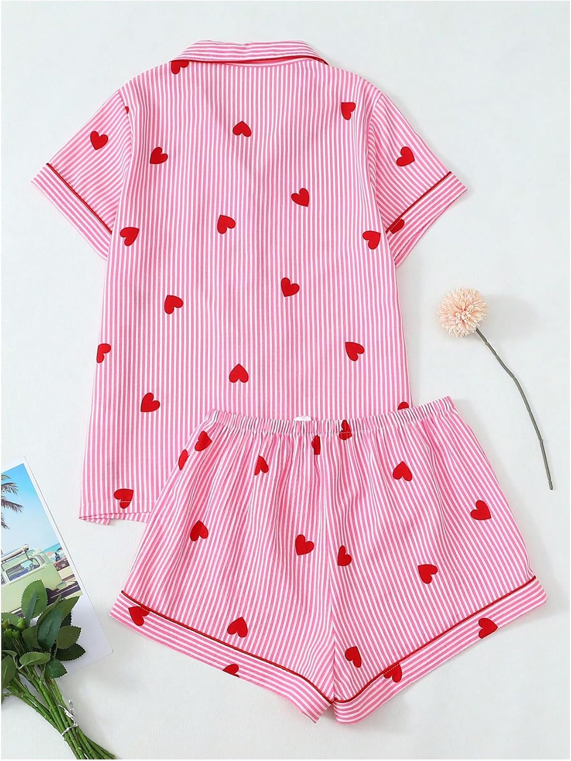 Milumia Women's Two Piece Pajama Set Heart Print Striped Short Sleeve Sleepwear with Shorts - Image 2
