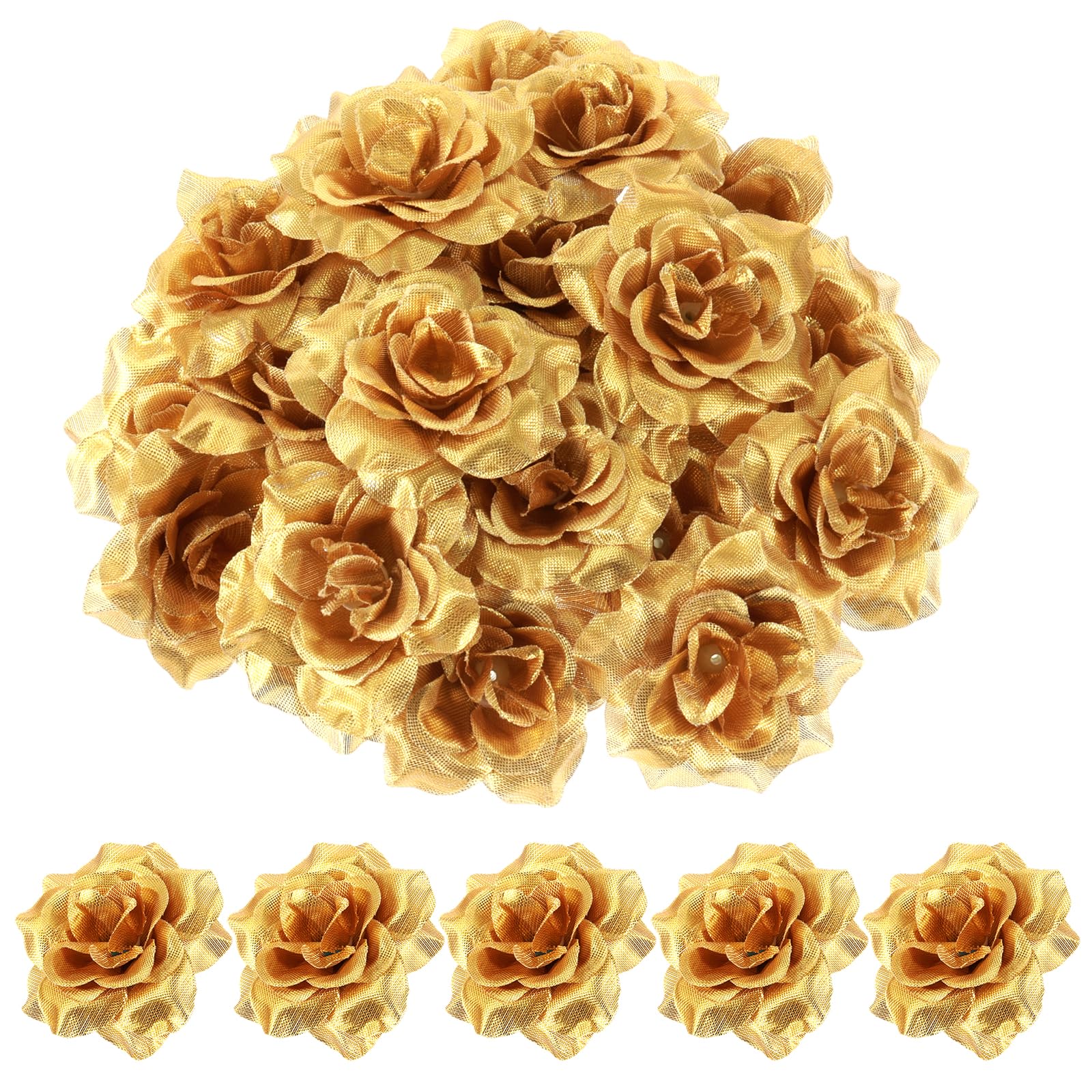 Bremorou 36 Pcs Gold Flowers Gold Roses Artificial Flowers For Centerpieces Silk Faux Silk Rose Head In Bulk Roses Artificial For Diy Decor Cake Wristband Clothes Headwear(2.16×1.18 inches/ 5.5×3 cm)