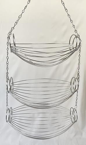 Miniatura 5 de Frutero de 3 niveles para cocina, organizador de almacenamiento de cocina colgante, diseño desmontable de alambre cromado con gancho de techo de