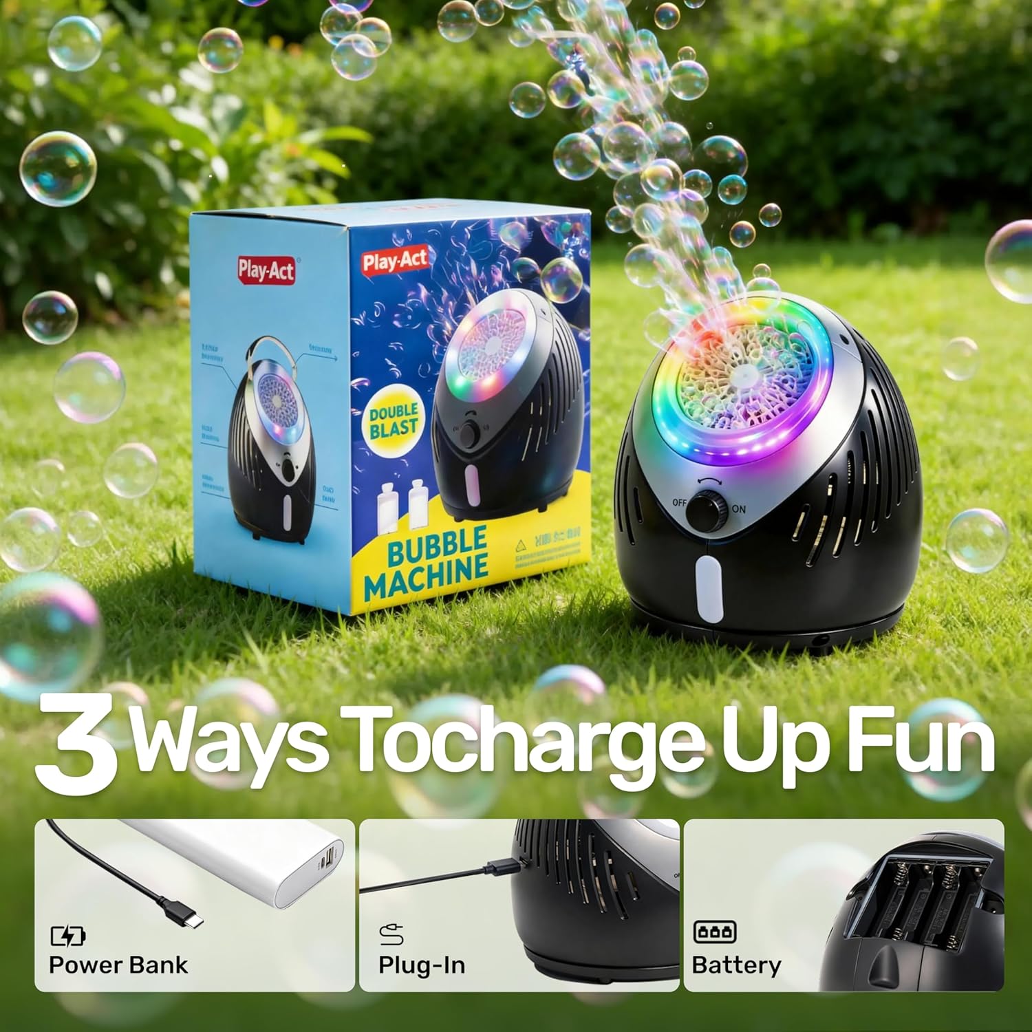 Play-Act Bubble Machine for Kids, Toddlers, Rechargeable Battery Operated Bubble Machine Blower with Solutions and USB Charging Cable, Party Favors, Summer Outdoor Toy for Wedding, Kids Birthday Gift